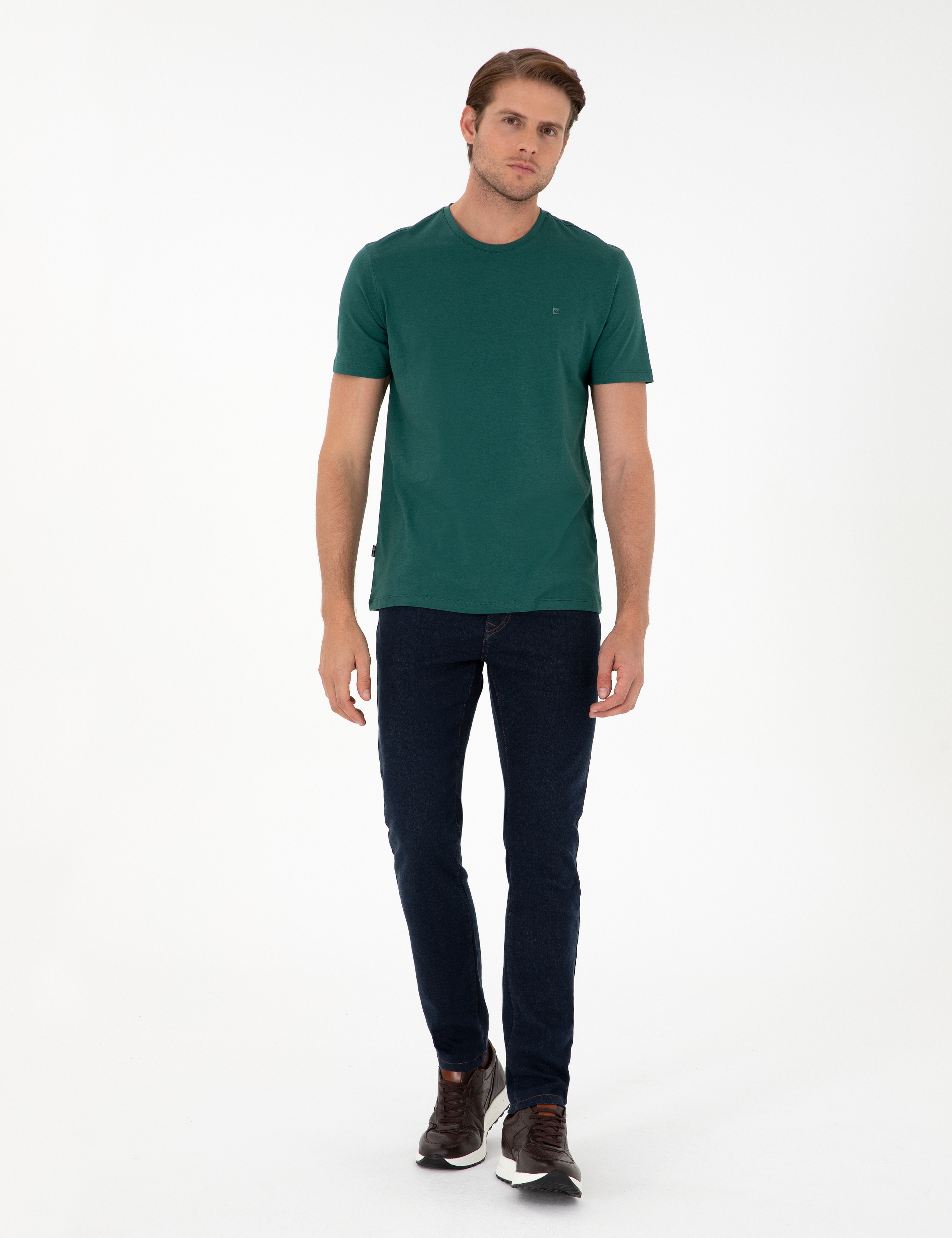 Koyu Yeşil Slim Fit %100 Pamuk Bisiklet Yaka Basic Tişört