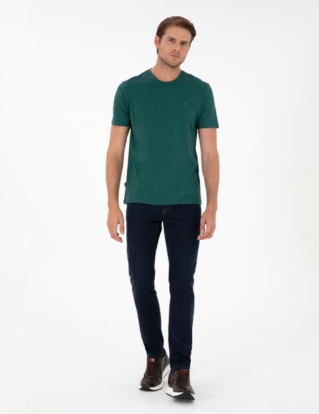 Koyu Yeşil %100 Pamuk Slim Fit Bisiklet Yaka Basic Tişört - 50306359069