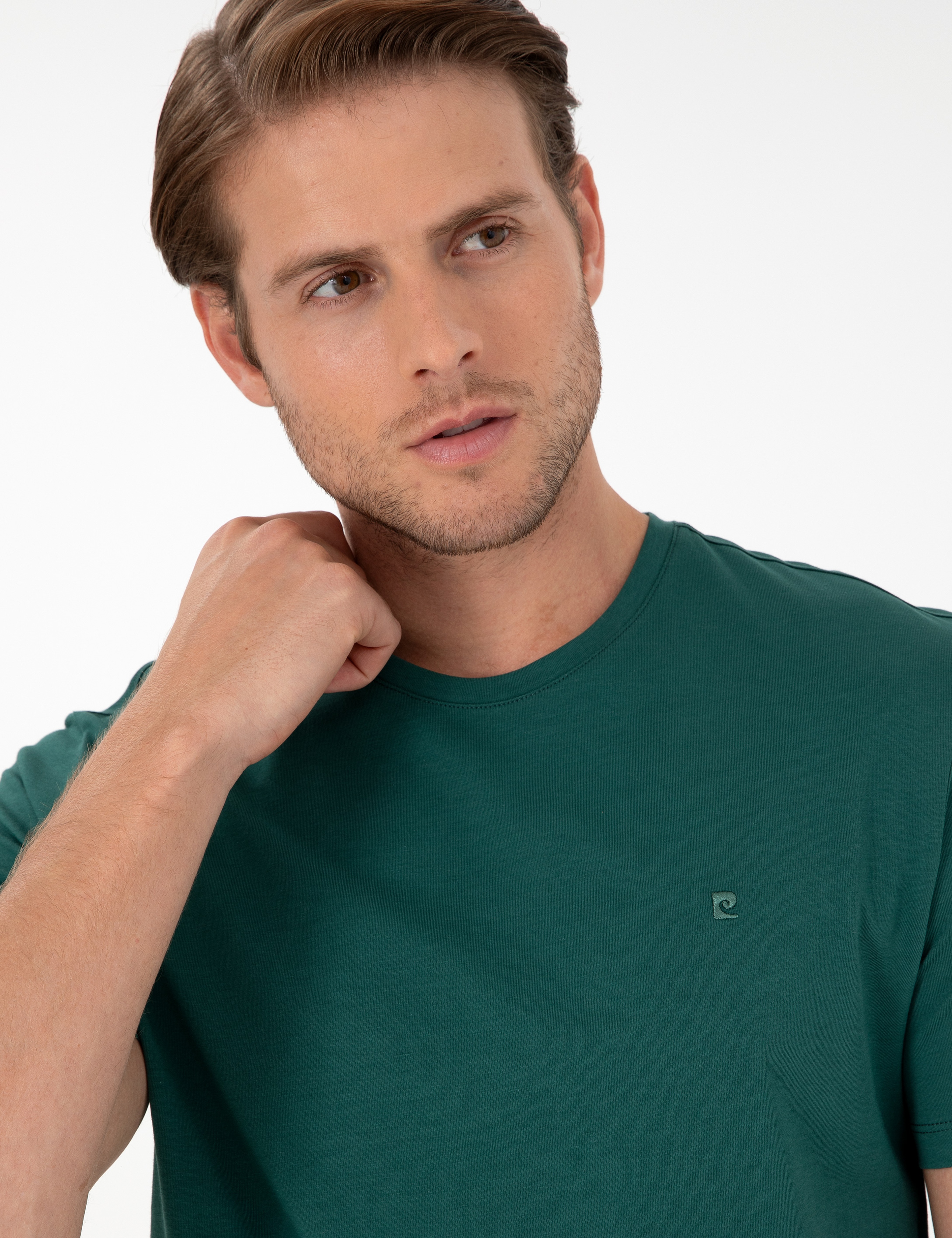 Koyu Yeşil Slim Fit %100 Pamuk Bisiklet Yaka Basic Tişört - Image 2
