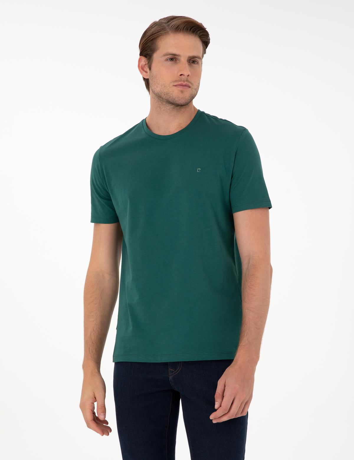 Koyu Yeşil %100 Pamuk Slim Fit Bisiklet Yaka Basic Tişört