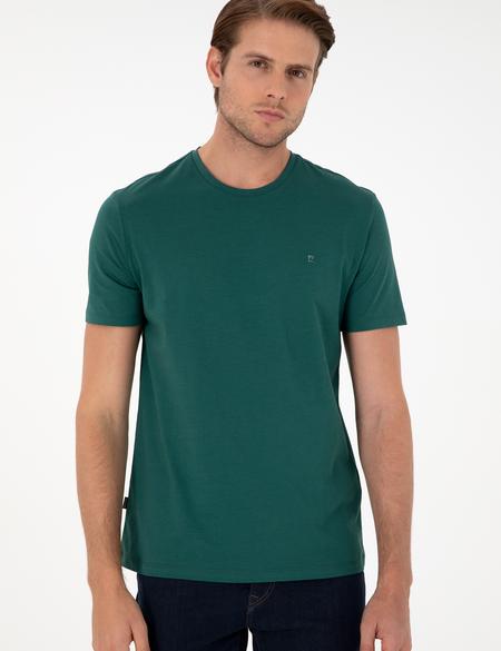 Koyu Yeşil %100 Pamuk Slim Fit Bisiklet Yaka Basic Tişört - 50306359069