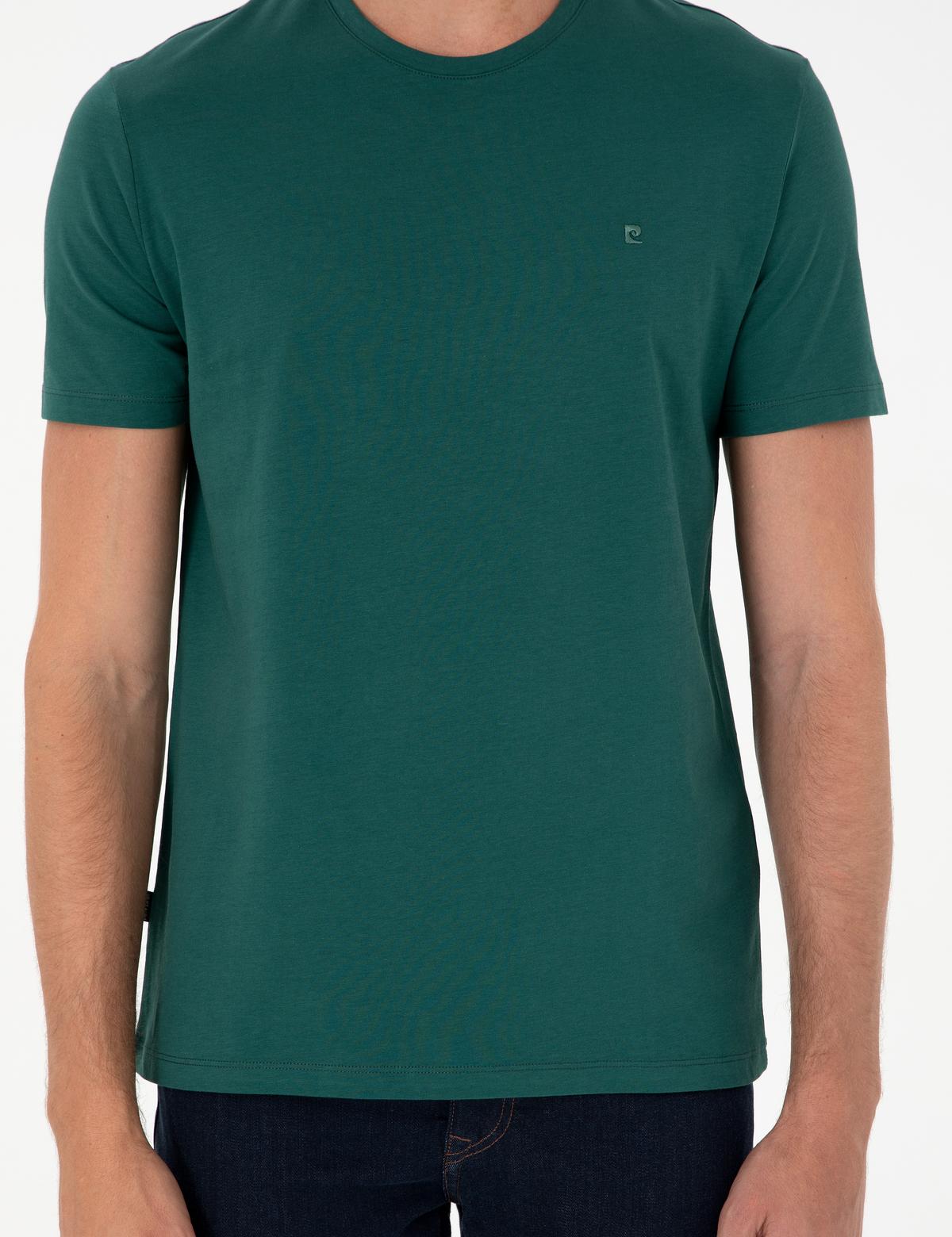 Koyu Yeşil %100 Pamuk Slim Fit Bisiklet Yaka Basic Tişört - 50306359069