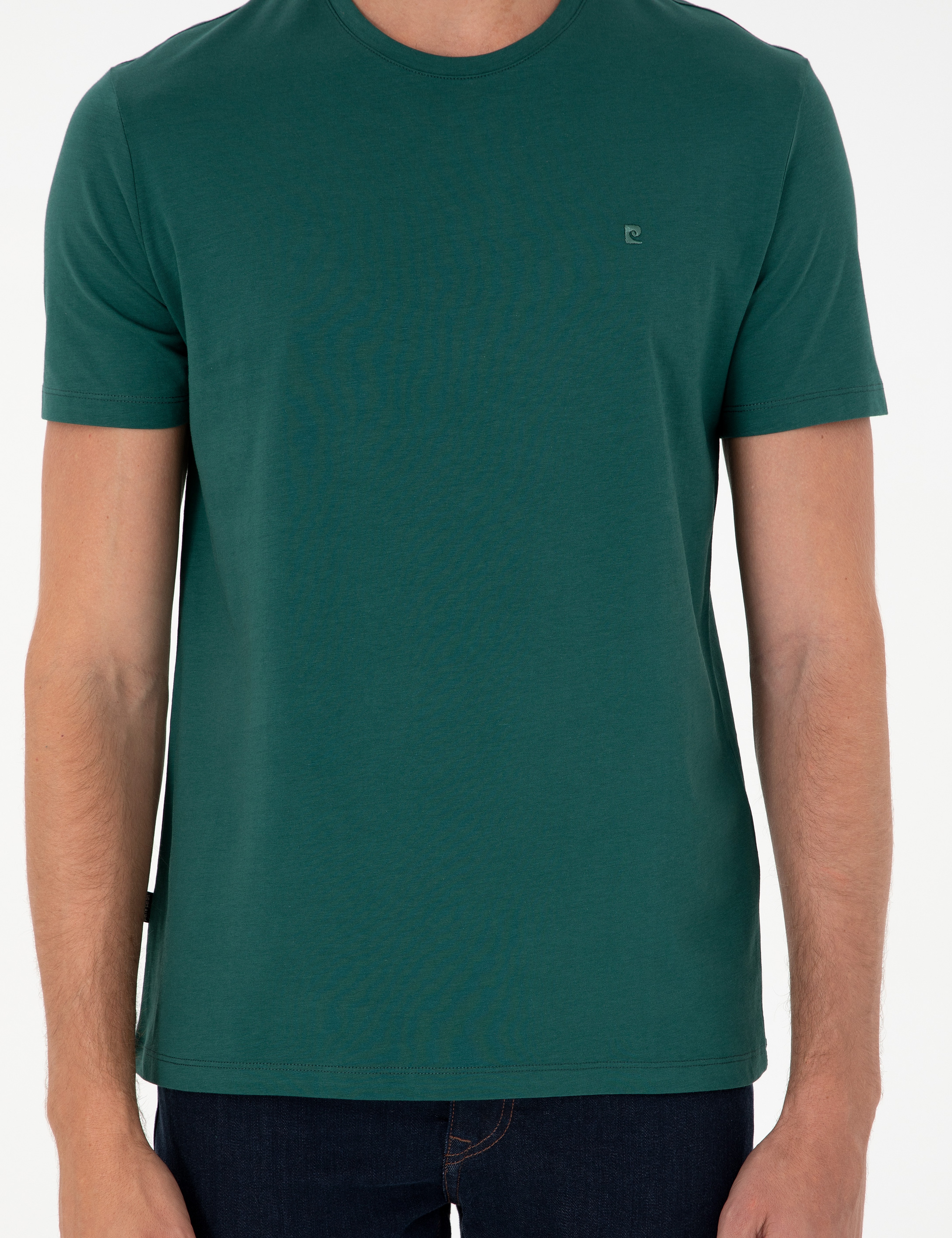 Koyu Yeşil Slim Fit %100 Pamuk Bisiklet Yaka Basic Tişört - Image 6