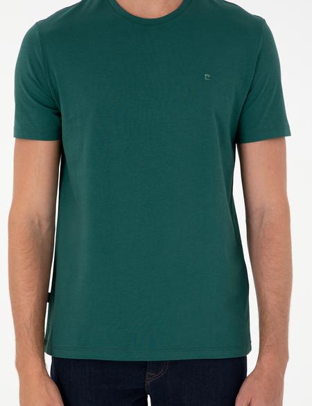 Koyu Yeşil %100 Pamuk Slim Fit Bisiklet Yaka Basic Tişört - 50306359069