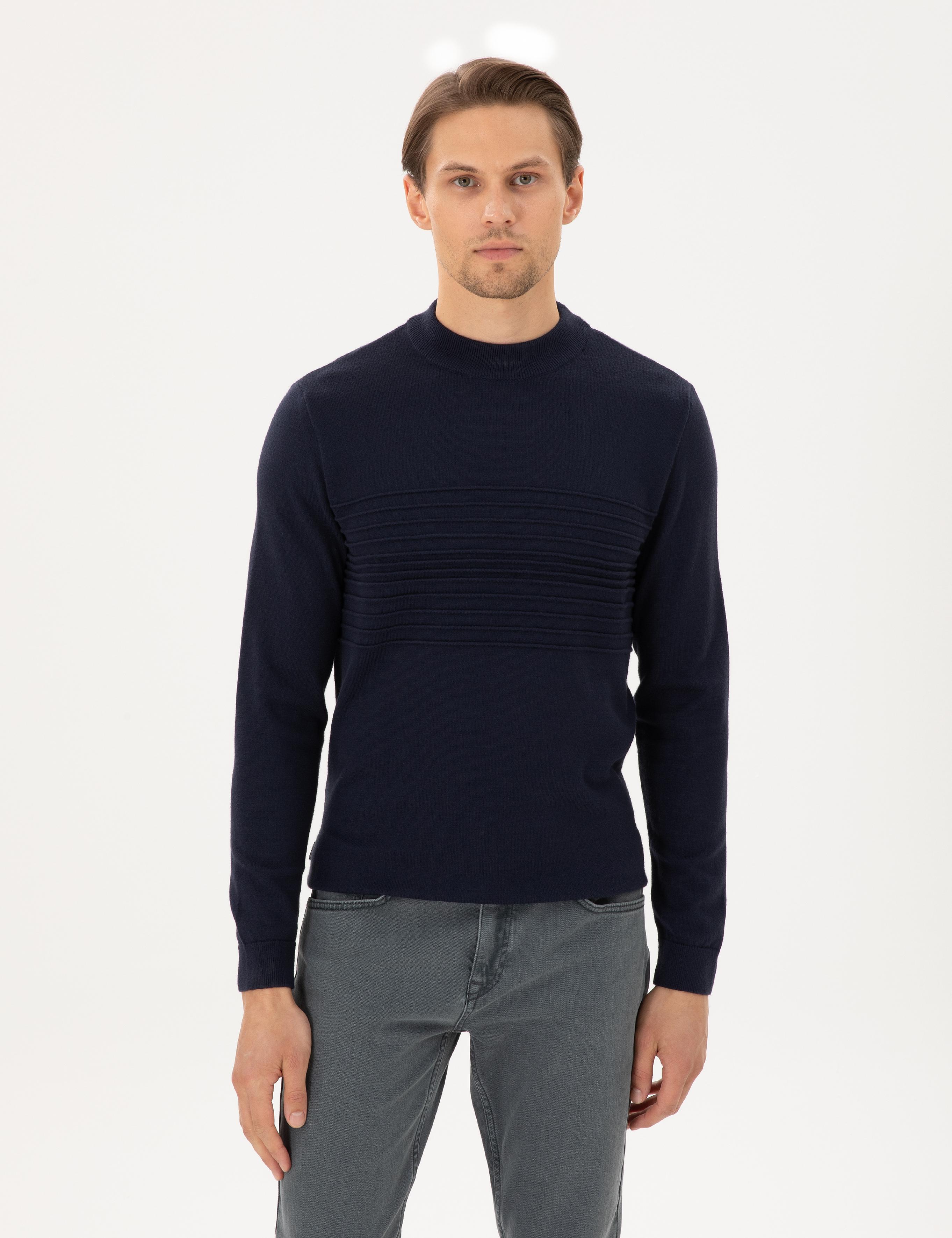 Lacivert Slim Fit Çeyrek Yaka Yün Karışımlı Triko Kazak