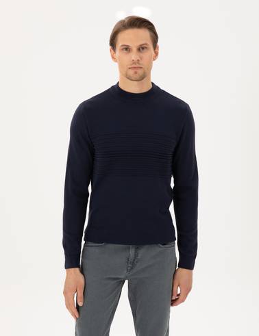 Lacivert Slim Fit Çeyrek Yaka Yün Karışımlı Triko Kazak