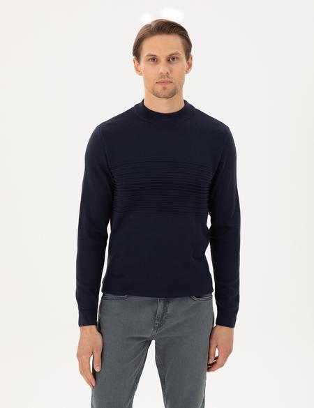 Lacivert Slim Fit Çeyrek Yaka Yün Karışımlı Triko Kazak - 50296438001