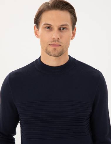 Lacivert Slim Fit Çeyrek Yaka Yün Karışımlı Triko Kazak