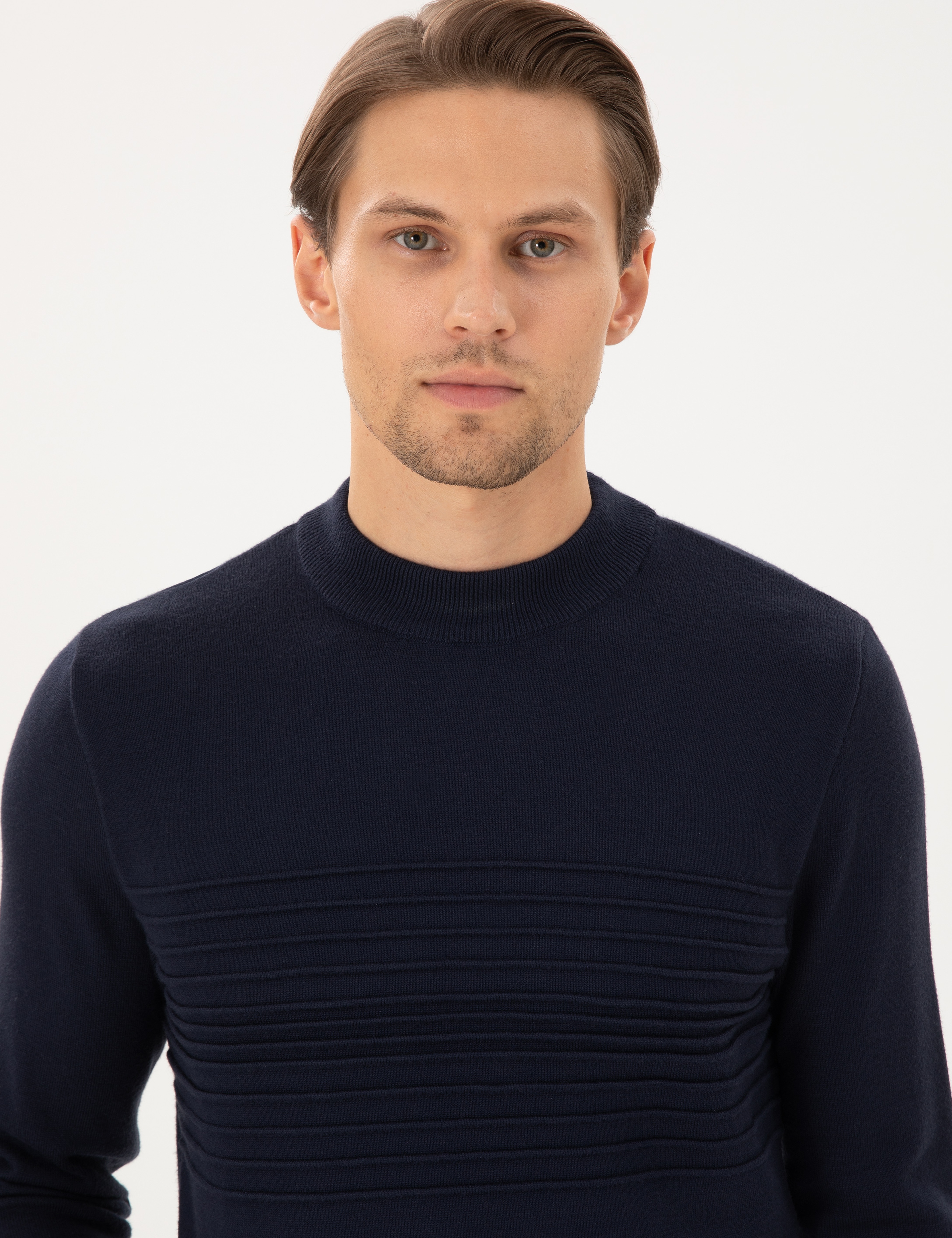 Lacivert Slim Fit Çeyrek Yaka Yün Karışımlı Triko Kazak