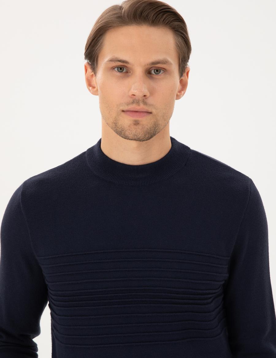 Lacivert Slim Fit Çeyrek Yaka Yün Karışımlı Triko Kazak