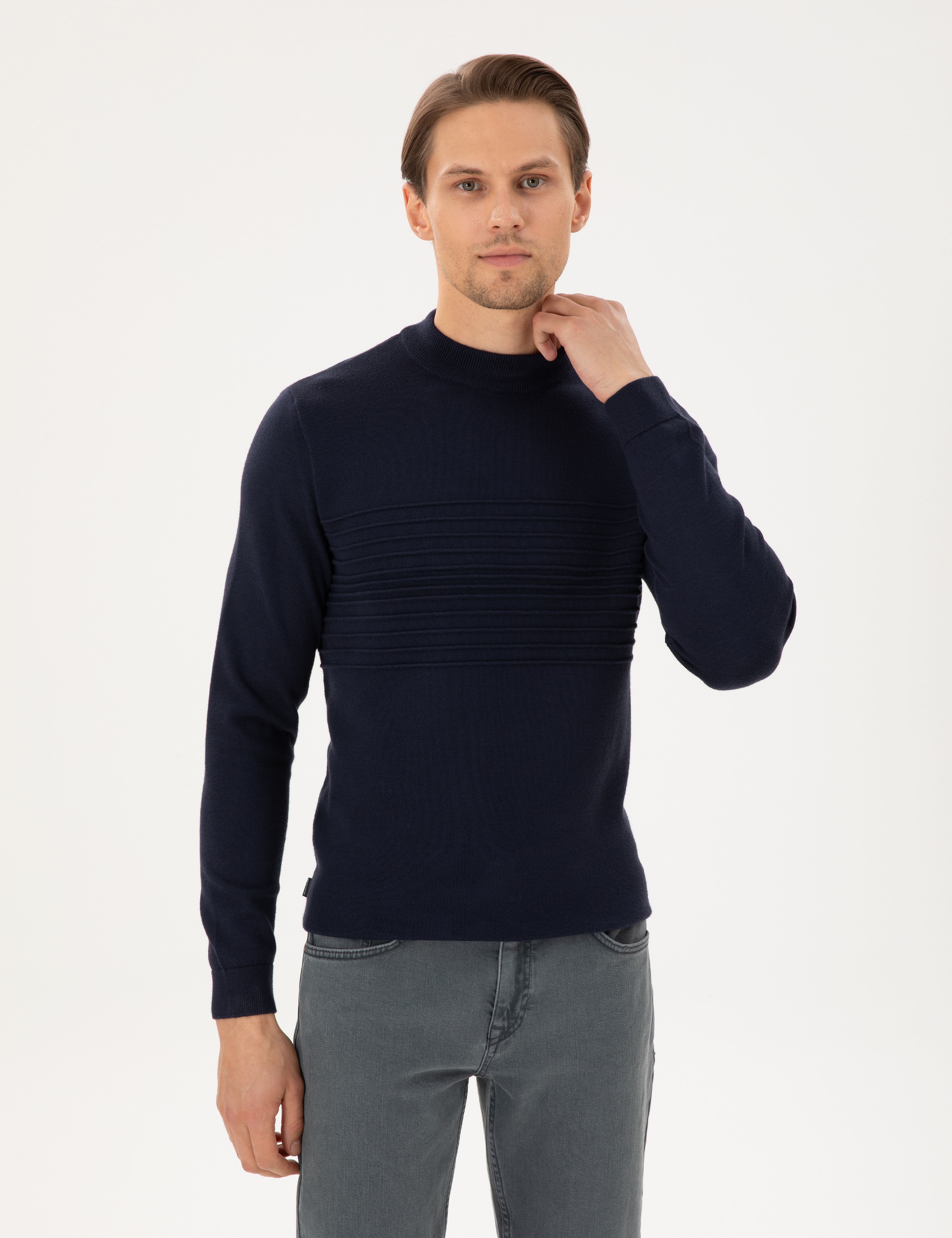 Lacivert Slim Fit Çeyrek Yaka Yün Karışımlı Triko Kazak