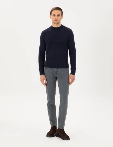 Lacivert Slim Fit Çeyrek Yaka Yün Karışımlı Triko Kazak
