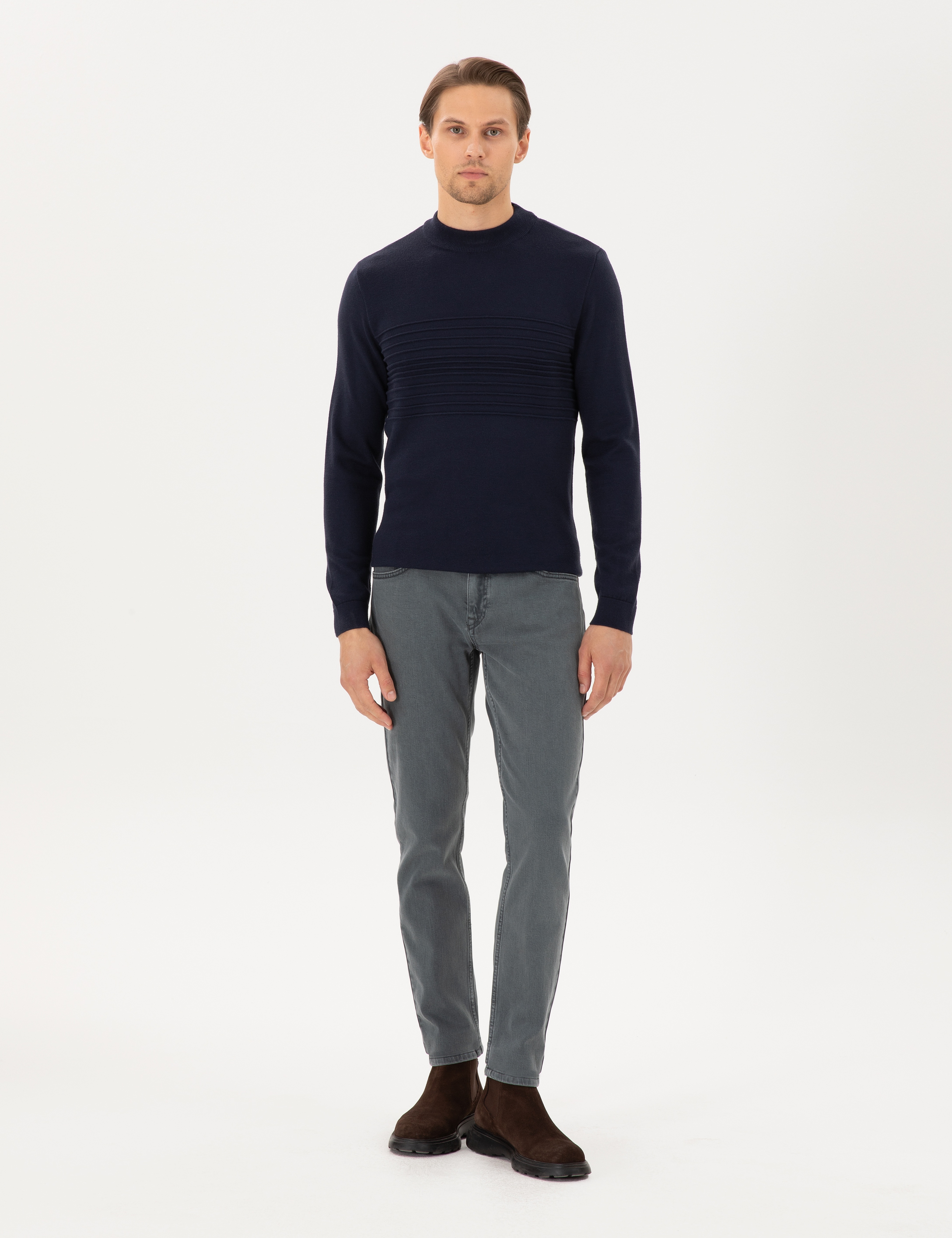 Lacivert Slim Fit Çeyrek Yaka Yün Karışımlı Triko Kazak