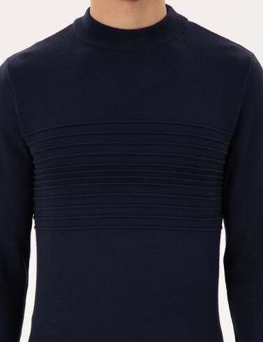 Lacivert Slim Fit Çeyrek Yaka Yün Karışımlı Triko Kazak