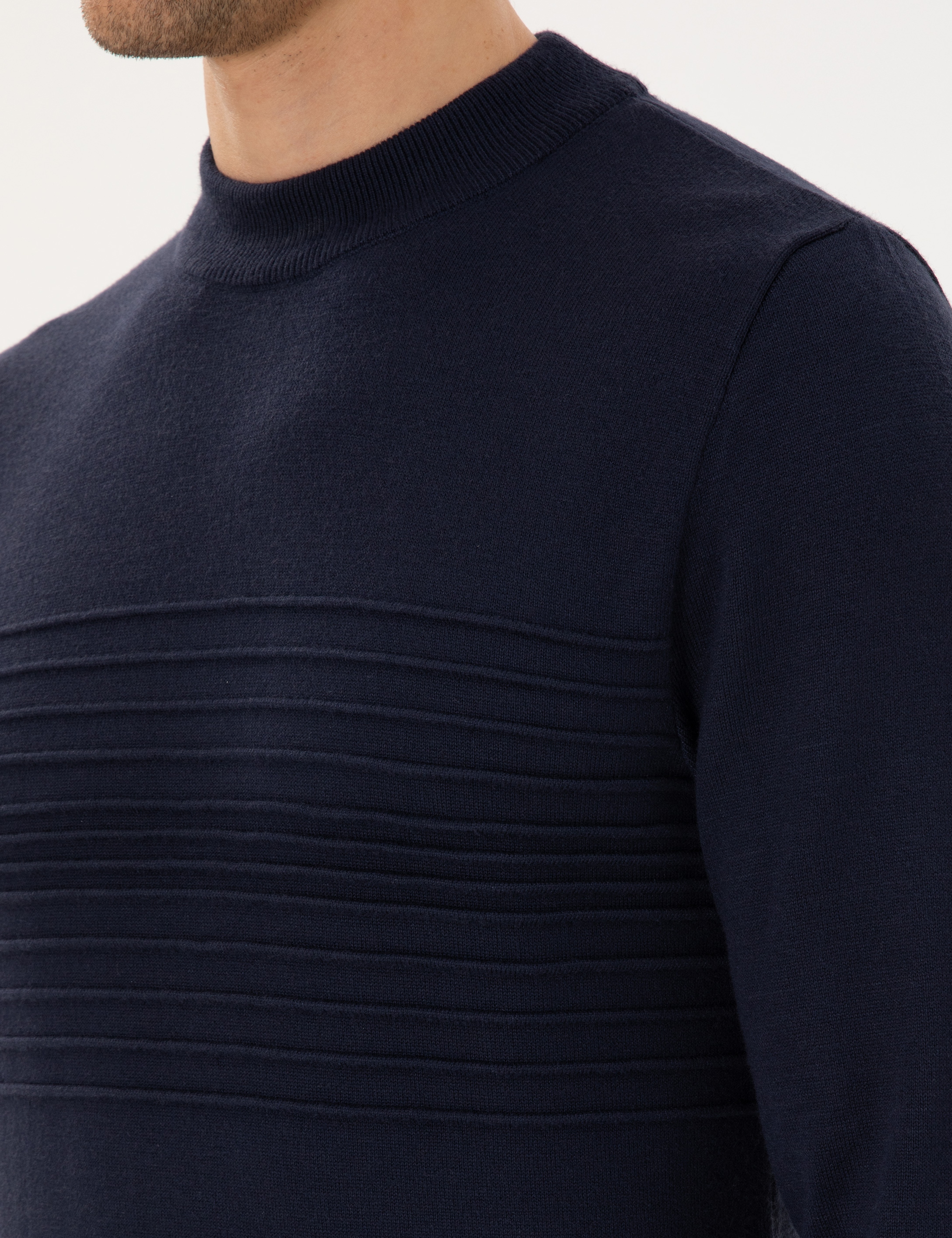 Lacivert Slim Fit Çeyrek Yaka Yün Karışımlı Triko Kazak
