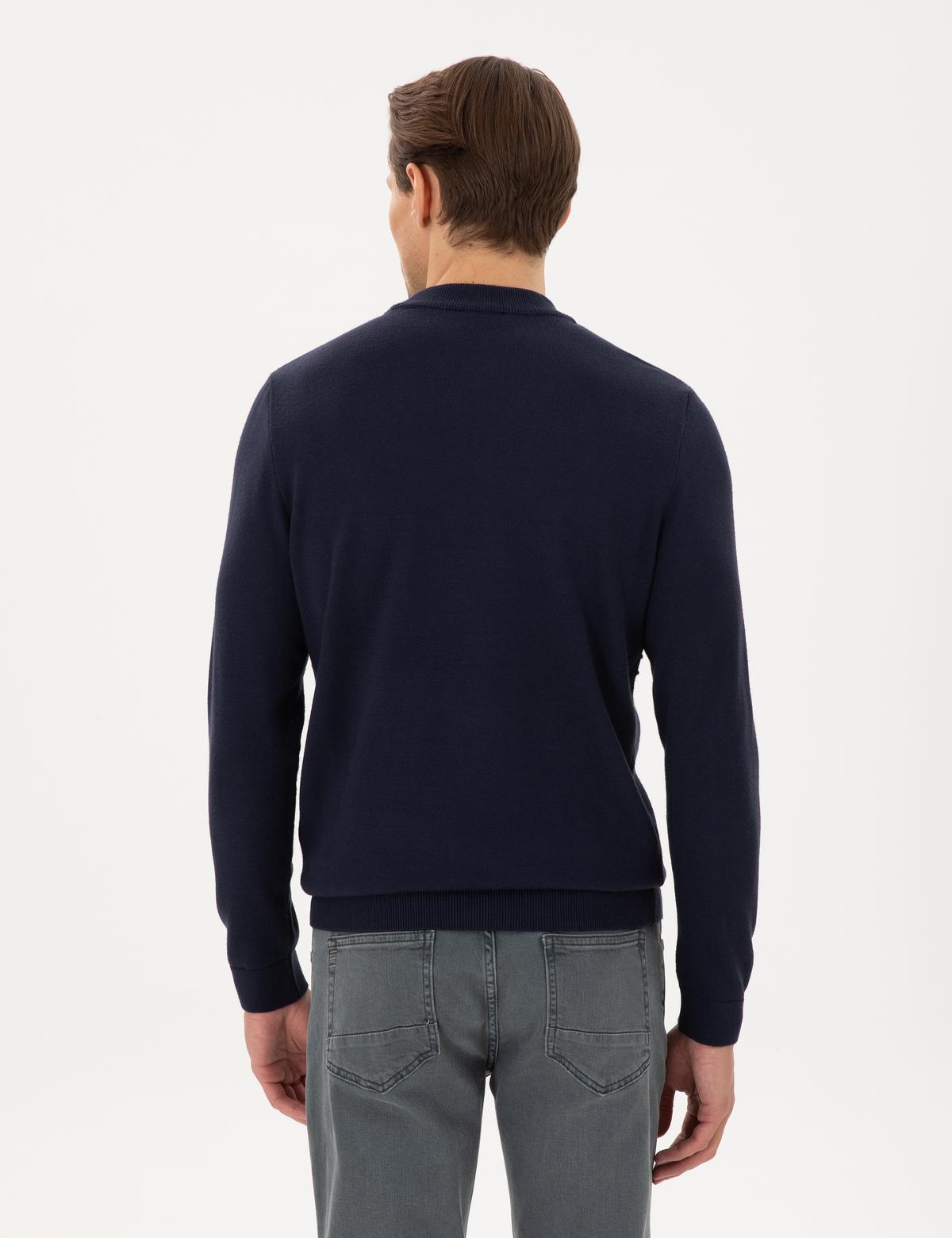 Lacivert Slim Fit Çeyrek Yaka Yün Karışımlı Triko Kazak - 50296438001