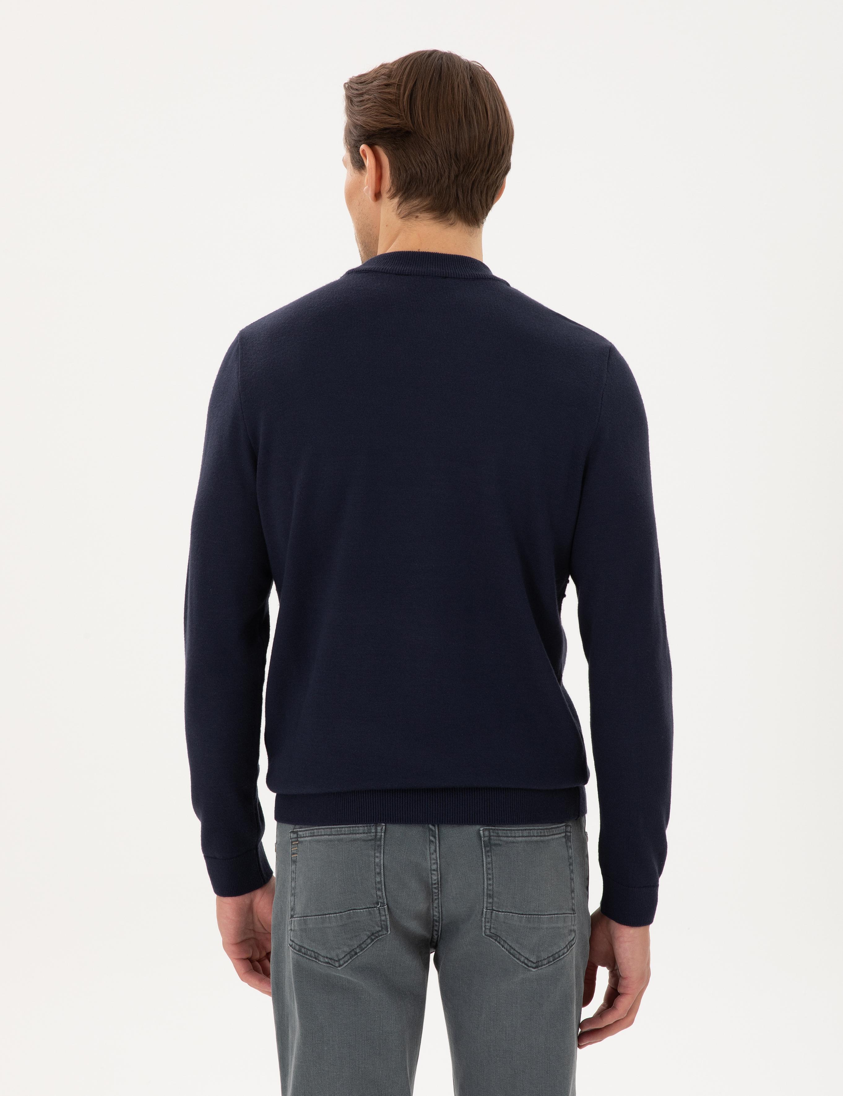 Lacivert Slim Fit Çeyrek Yaka Yün Karışımlı Triko Kazak