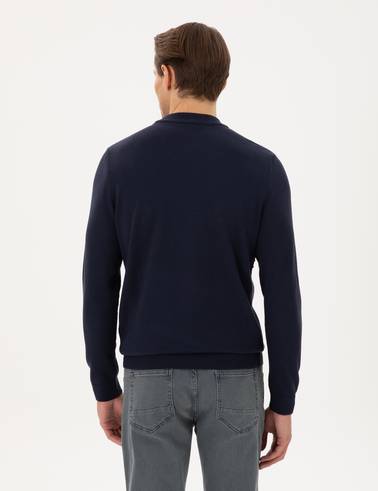 Lacivert Slim Fit Çeyrek Yaka Yün Karışımlı Triko Kazak