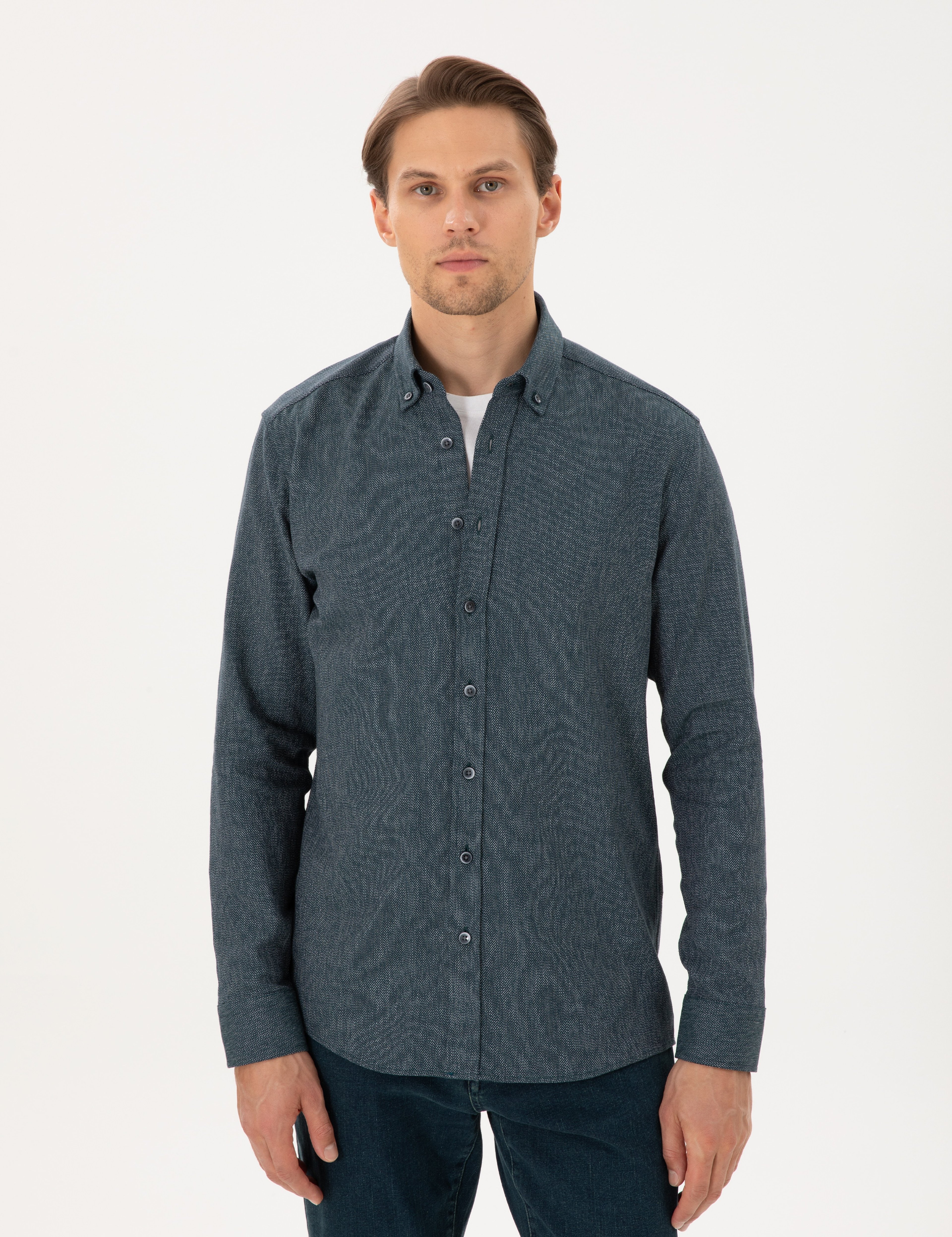 Yeşil Regular Fit Uzun Kollu Oxford Gömlek