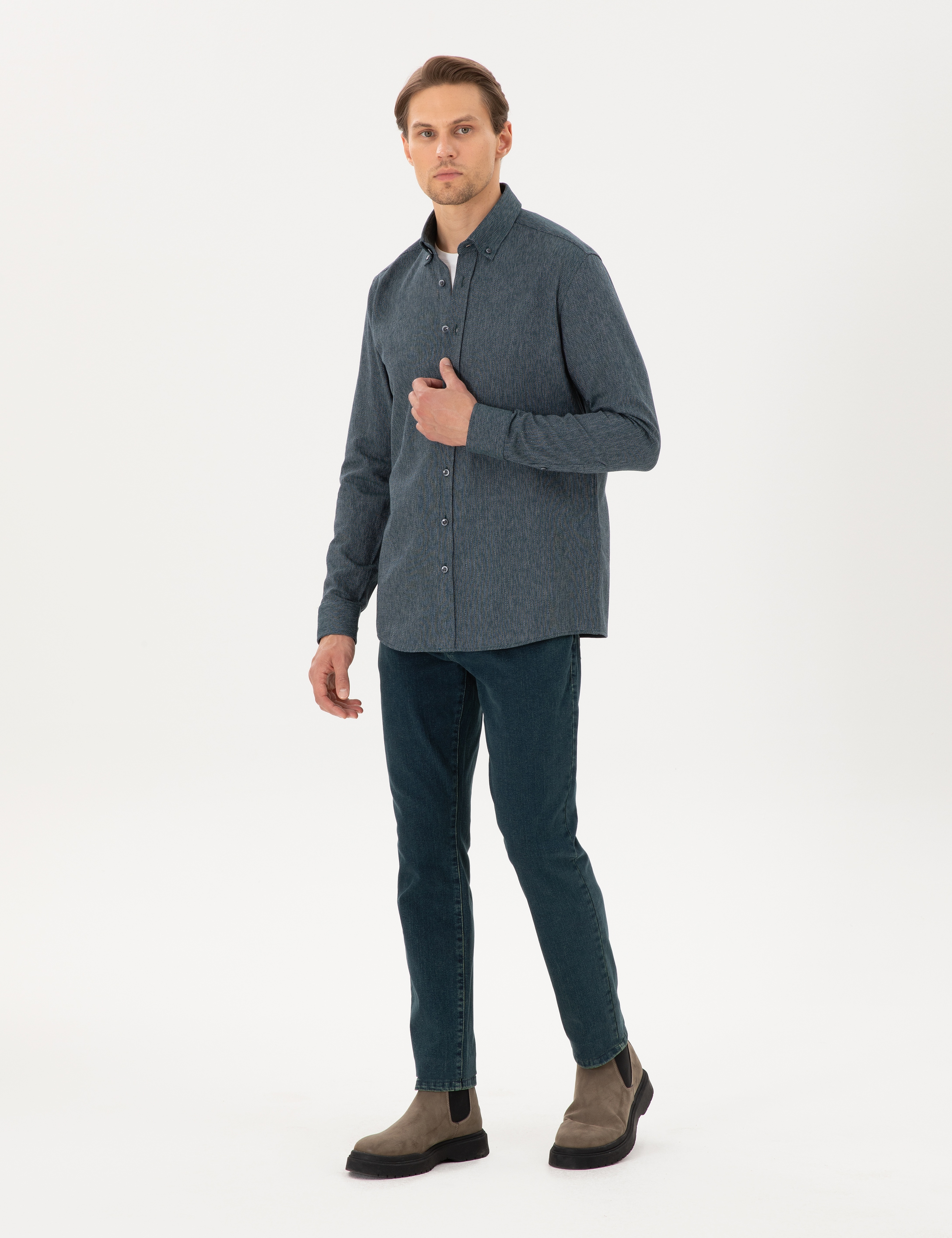 Yeşil Regular Fit Uzun Kollu Oxford Gömlek - Image 4