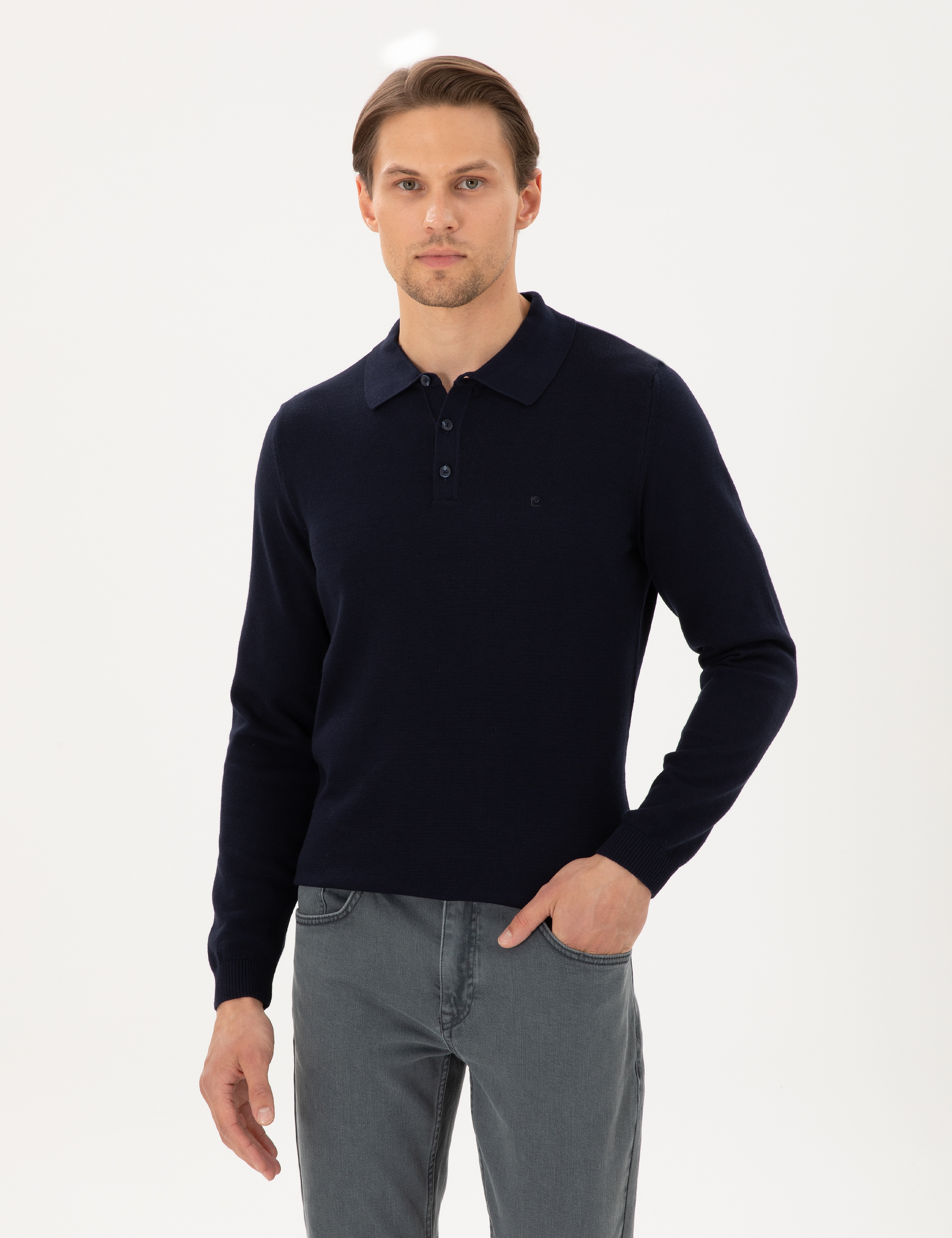 Lacivert Slim Fit Polo Yaka Basic Triko Kazak - Image 1