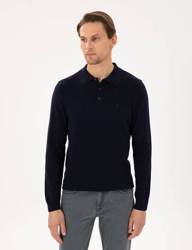 Lacivert Slim Fit Polo Yaka Basic Triko Kazak