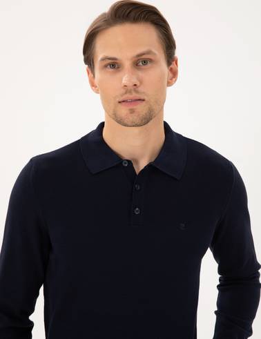 Lacivert Slim Fit Polo Yaka Basic Triko Kazak