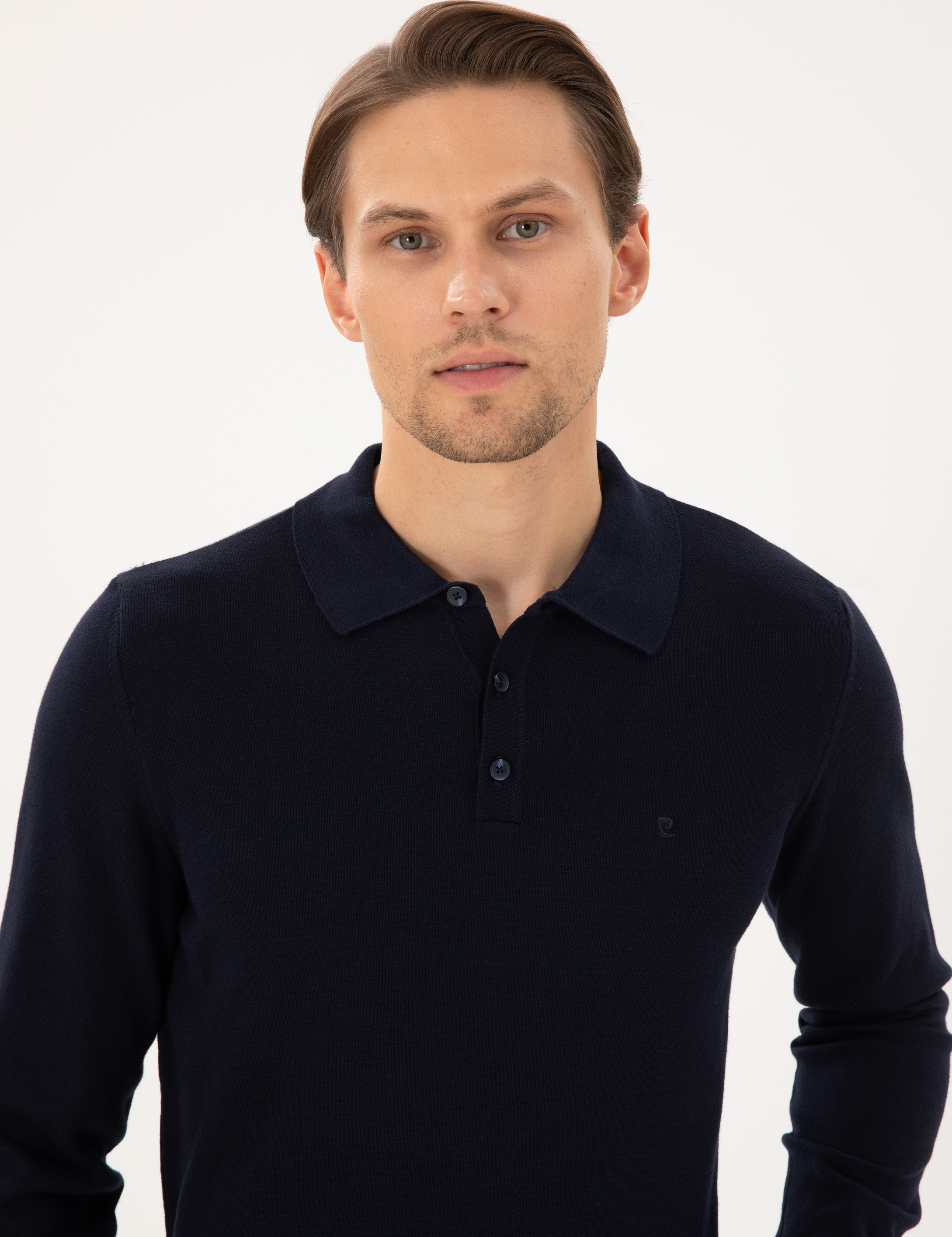 Lacivert Slim Fit Polo Yaka Basic Triko Kazak - Image 2