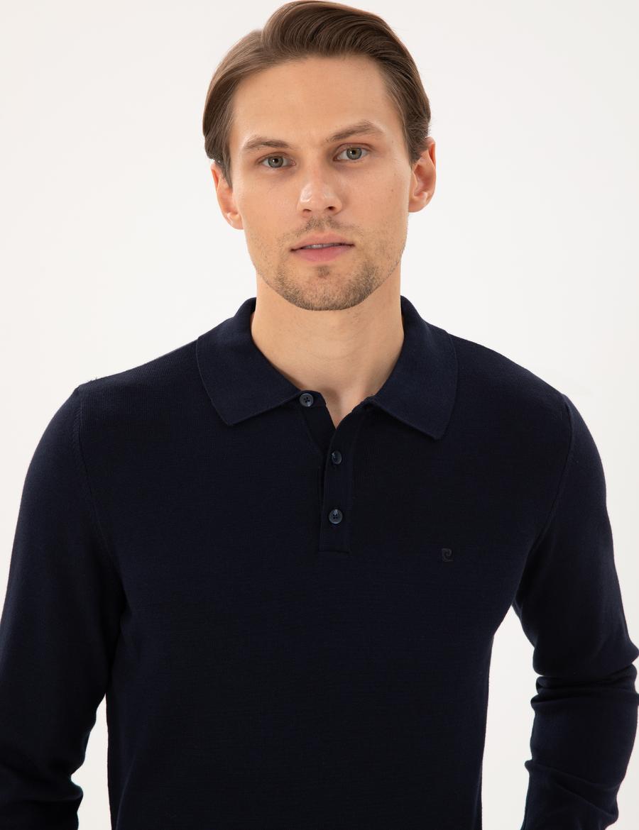 Lacivert Slim Fit Polo Yaka Basic Triko Kazak