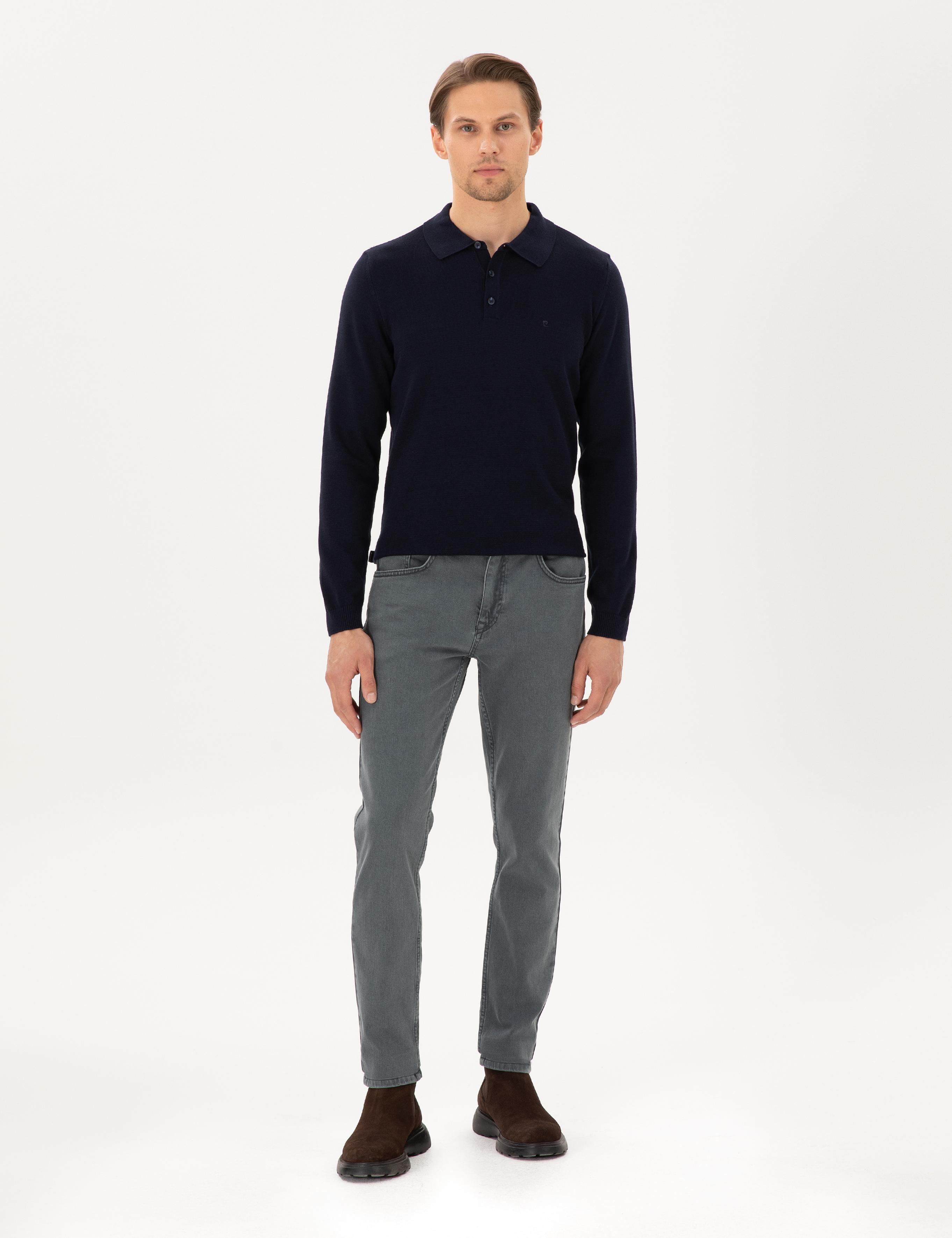 Lacivert Slim Fit Polo Yaka Basic Triko Kazak