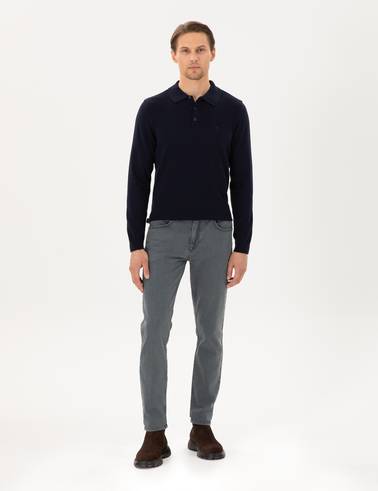 Lacivert Slim Fit Polo Yaka Basic Triko Kazak
