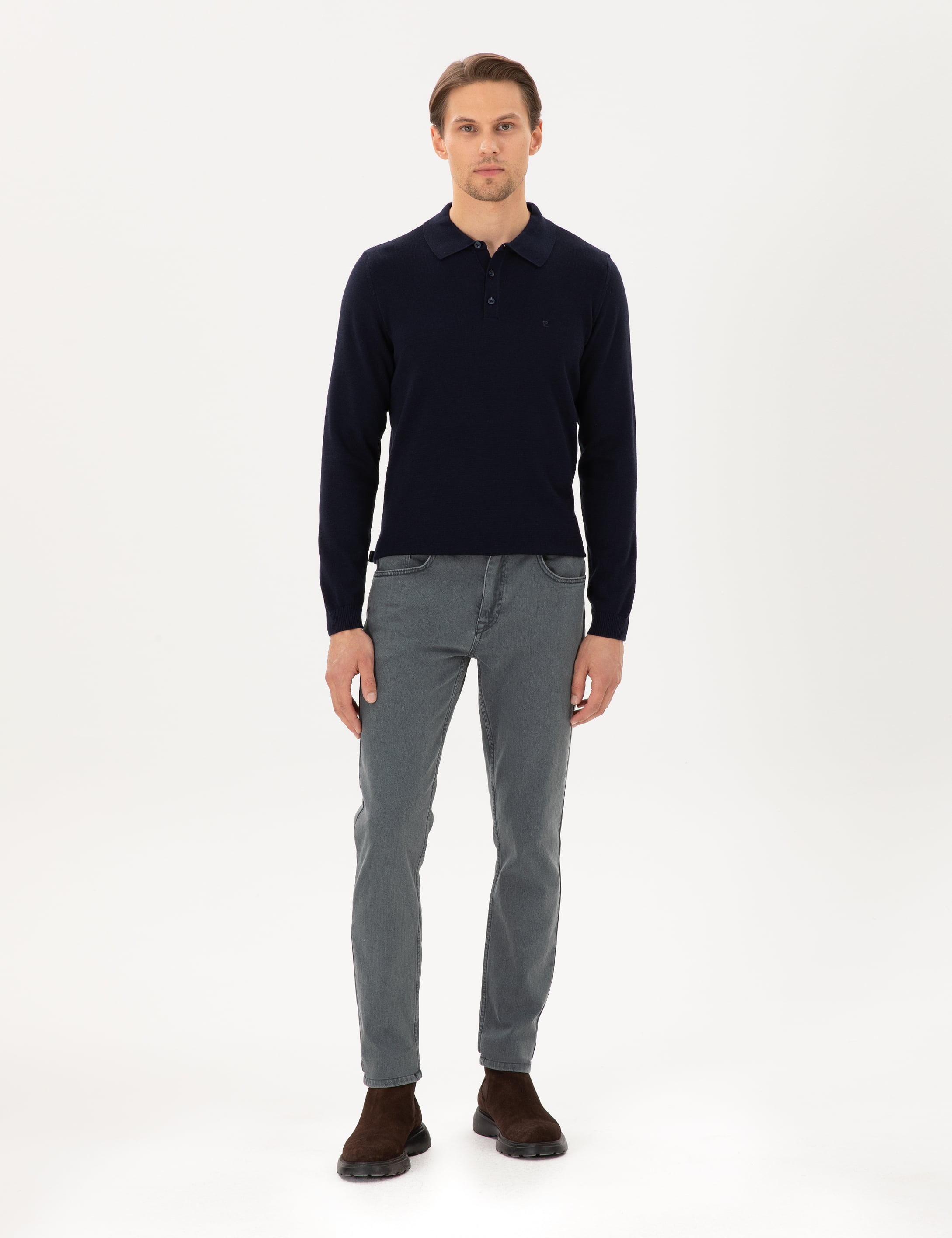 Lacivert Slim Fit Polo Yaka Basic Triko Kazak