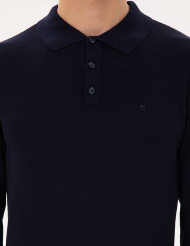 Lacivert Slim Fit Polo Yaka Basic Triko Kazak