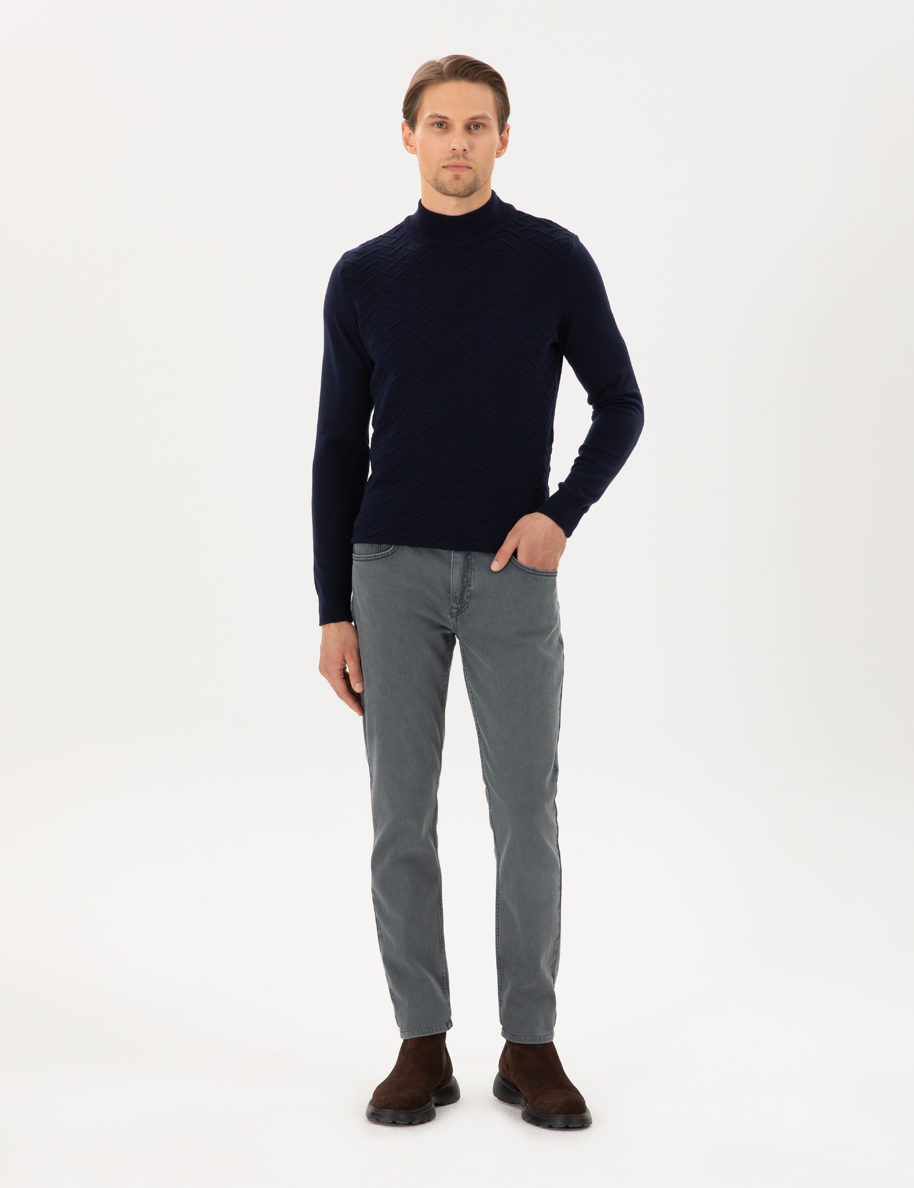 Lacivert Slim Fit Yarım Balıkçı Yaka Triko Kazak - Image 4