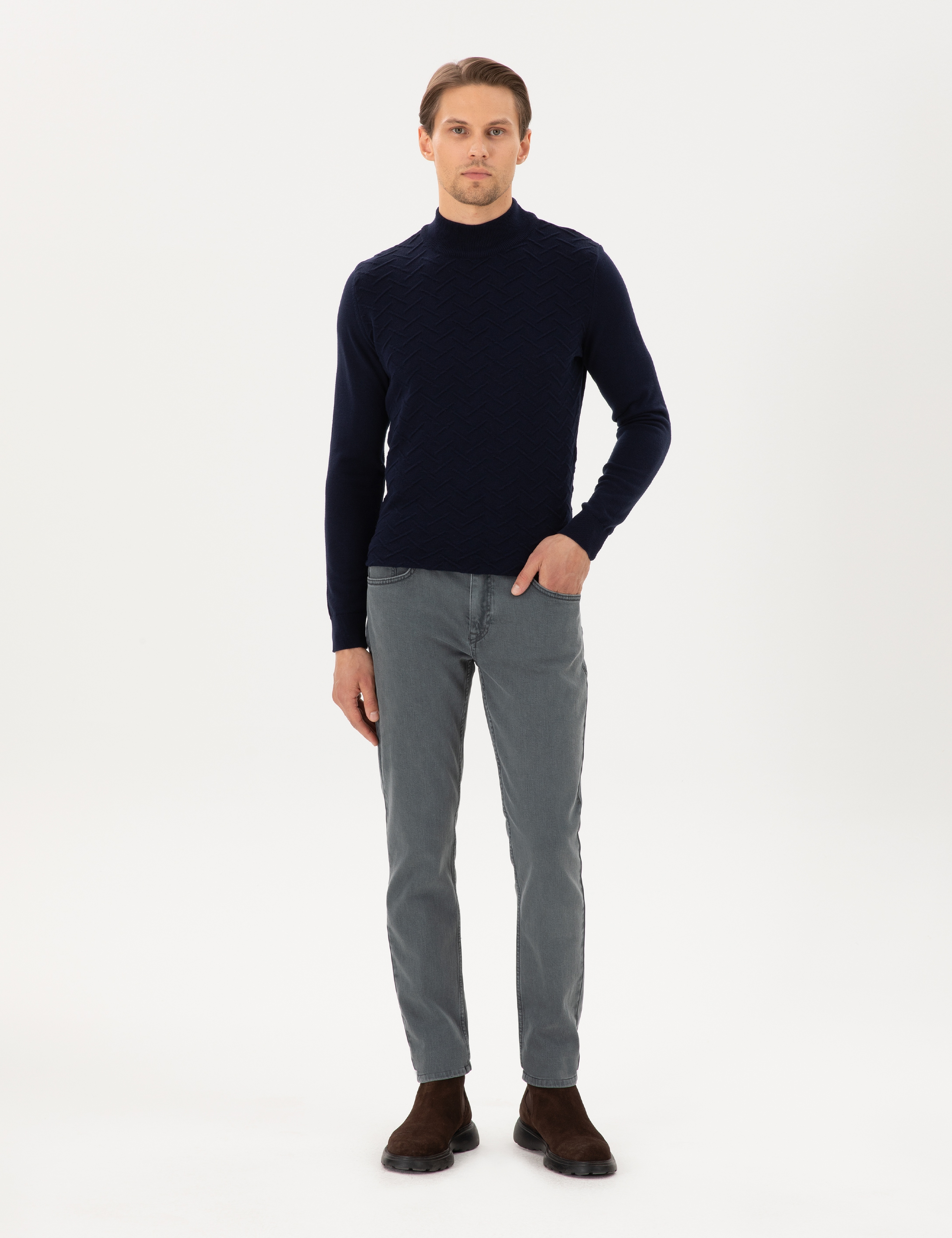 Lacivert Slim Fit Yarım Balıkçı Yaka Triko Kazak