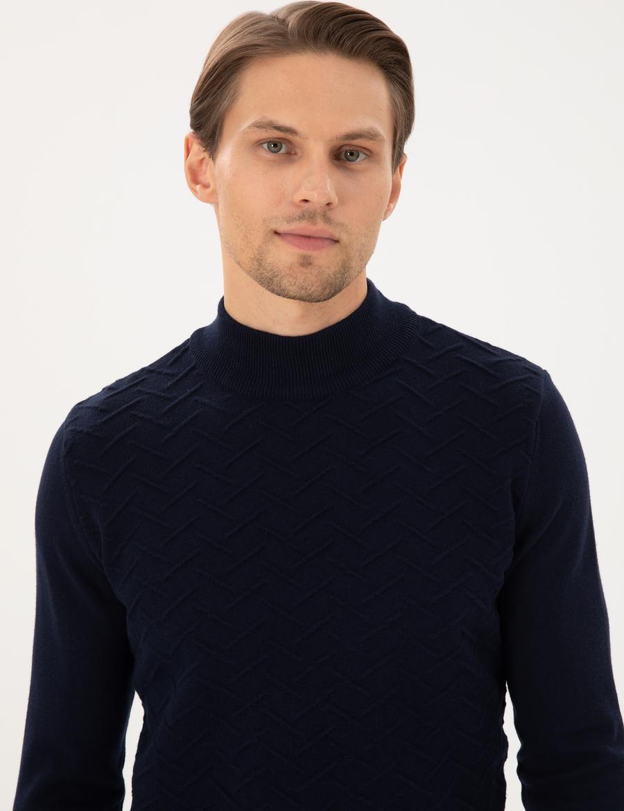 Lacivert Slim Fit Yarım Balıkçı Yaka Triko Kazak