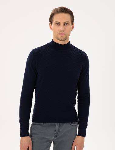 Lacivert Slim Fit Yarım Balıkçı Yaka Triko Kazak