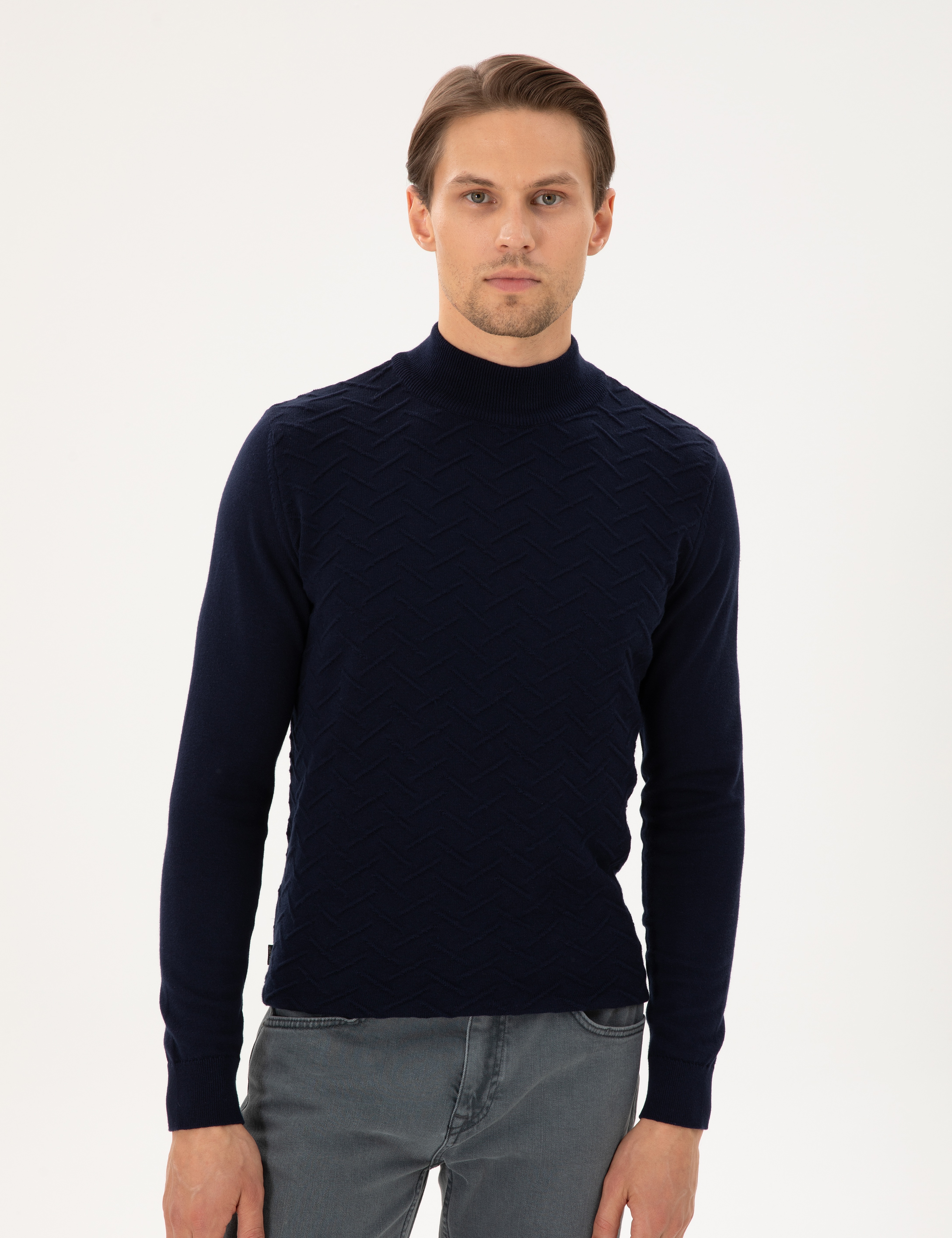 Lacivert Slim Fit Yarım Balıkçı Yaka Triko Kazak