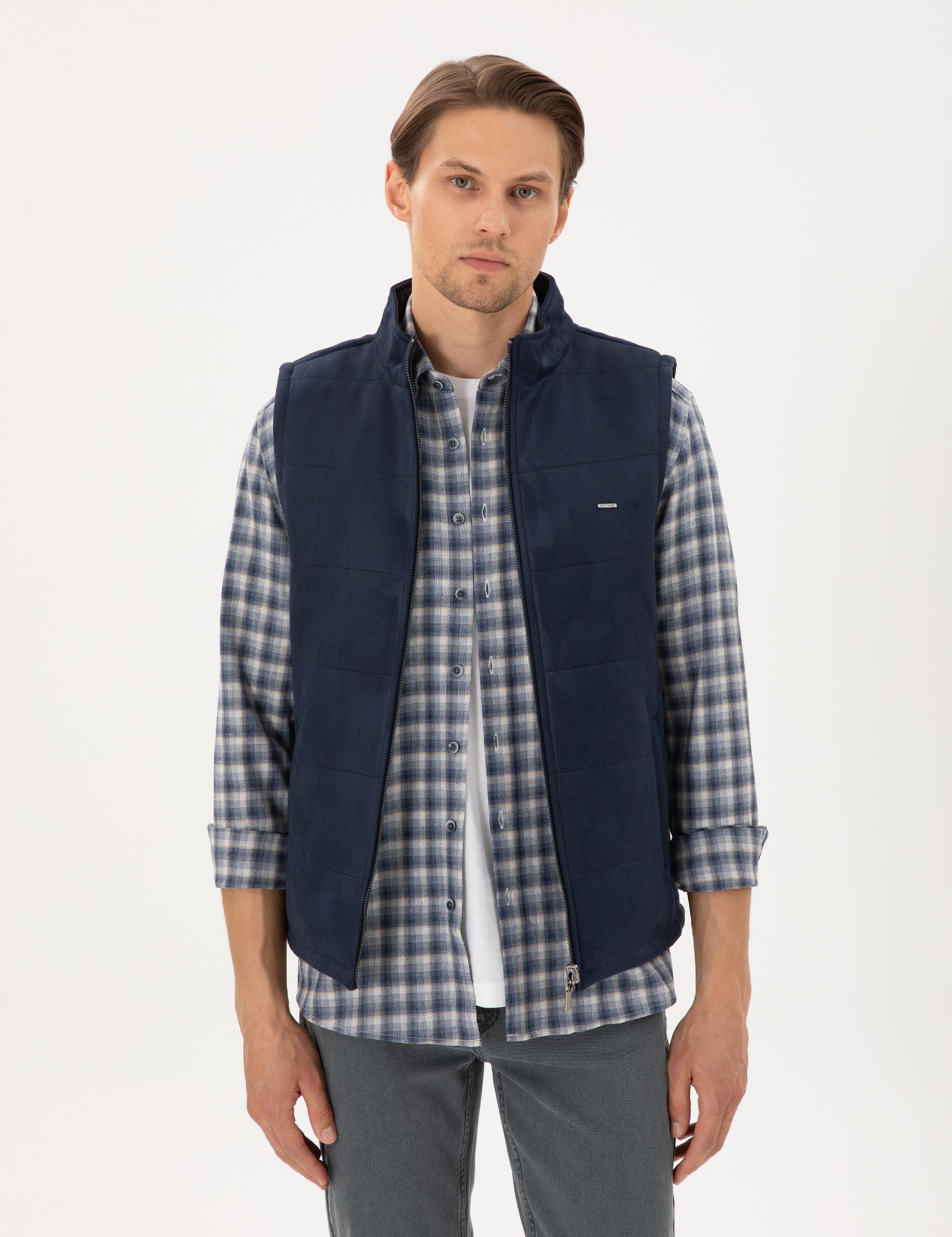 Lacivert Çift Taraflı Suni Deri Yelek