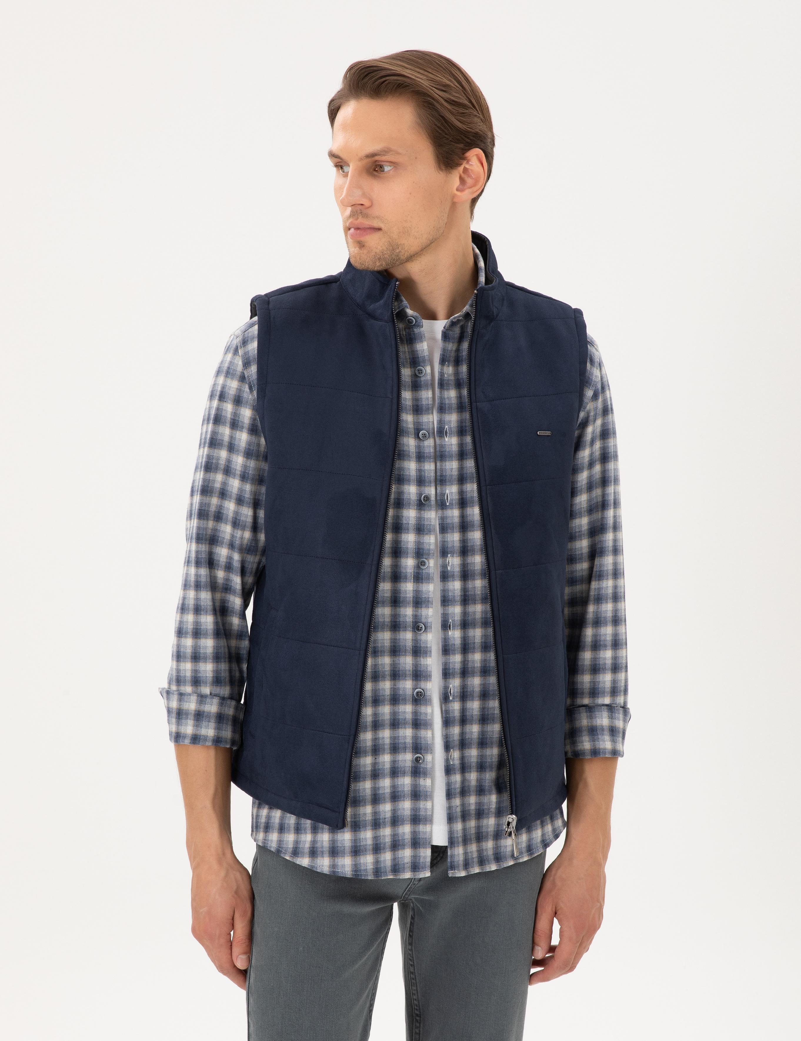 Lacivert Çift Taraflı Suni Deri Yelek