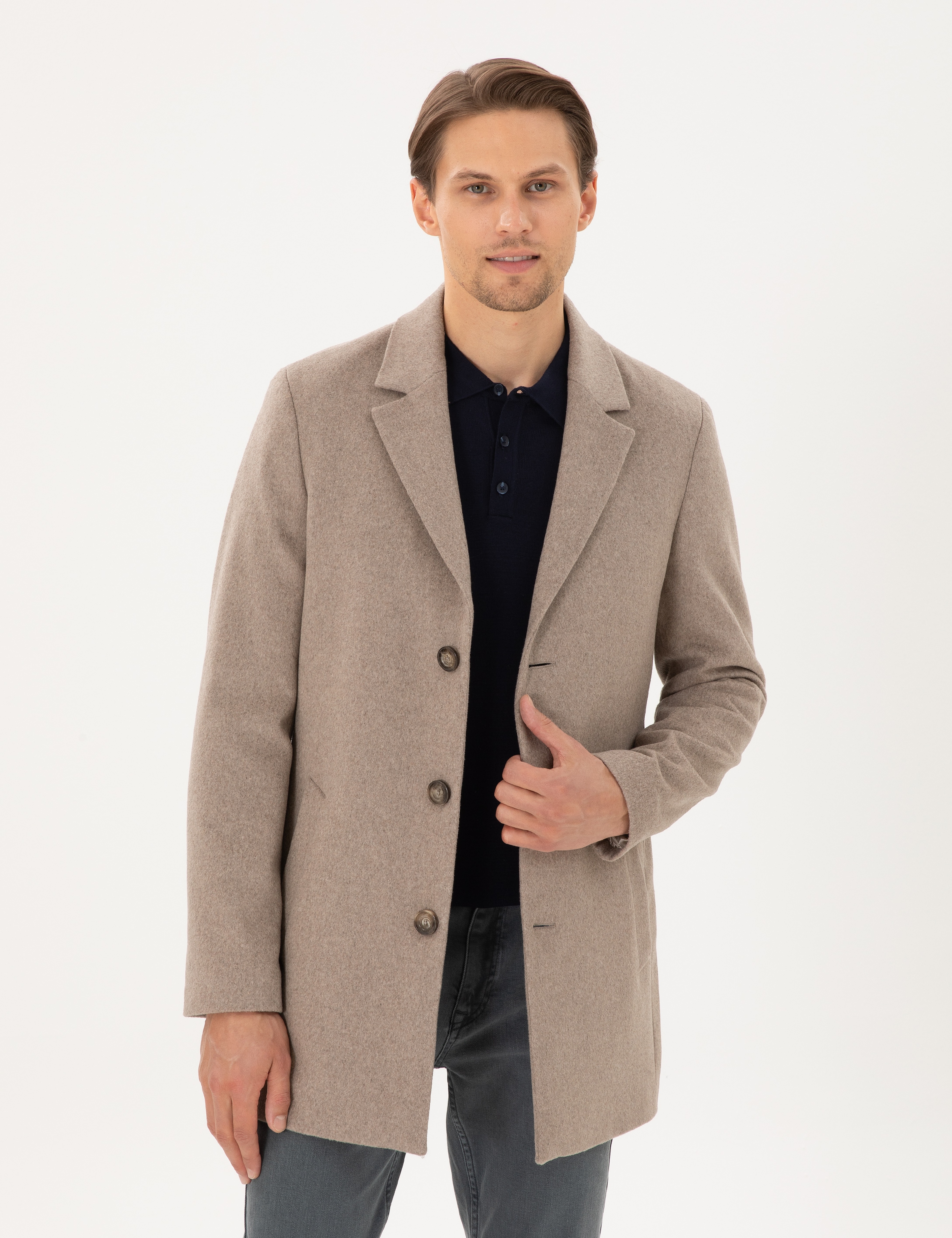 Bej Ex. Slim Fit Kaşe Kaban - Image 1