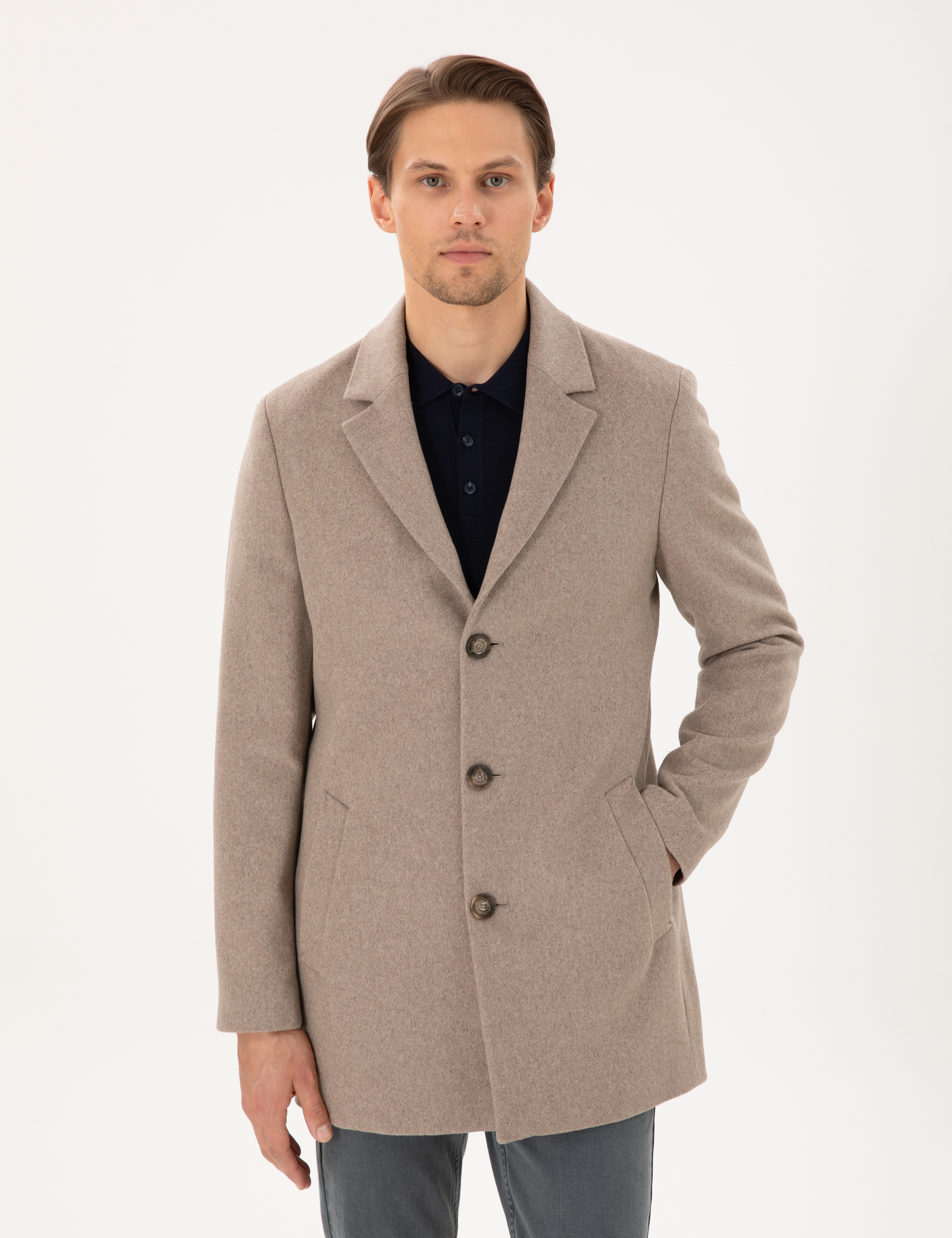 Bej Ex. Slim Fit Kaşe Kaban - Image 3