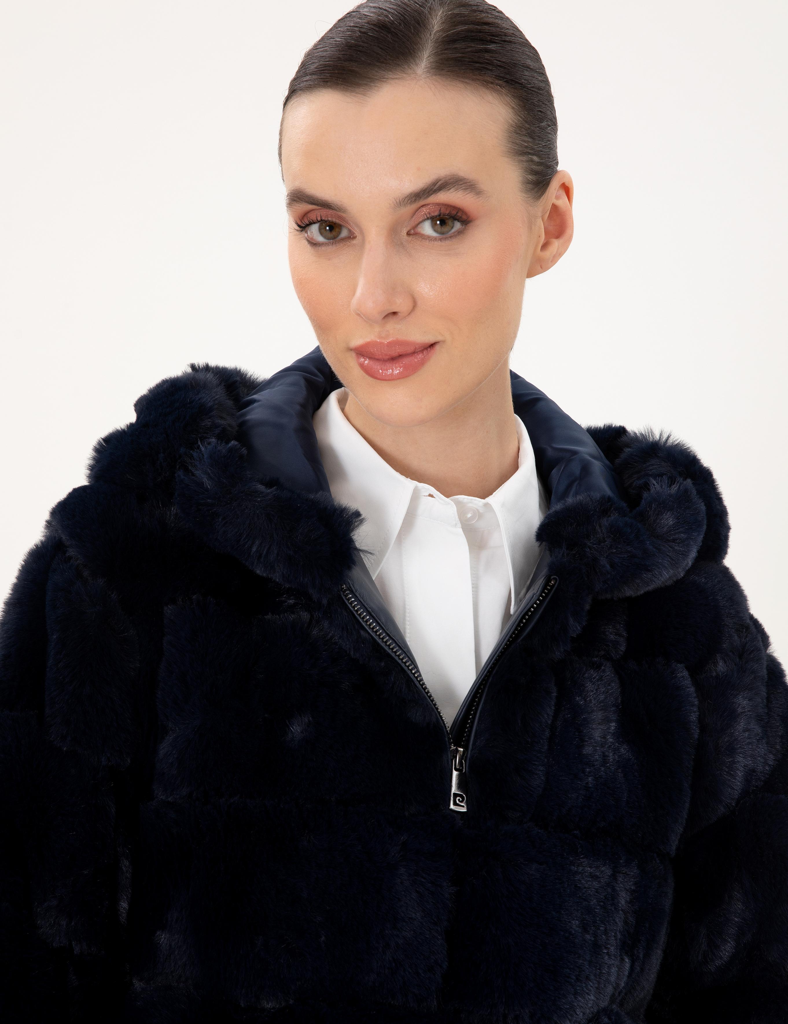 Lacivert Kapüşonlu Suni Kürk