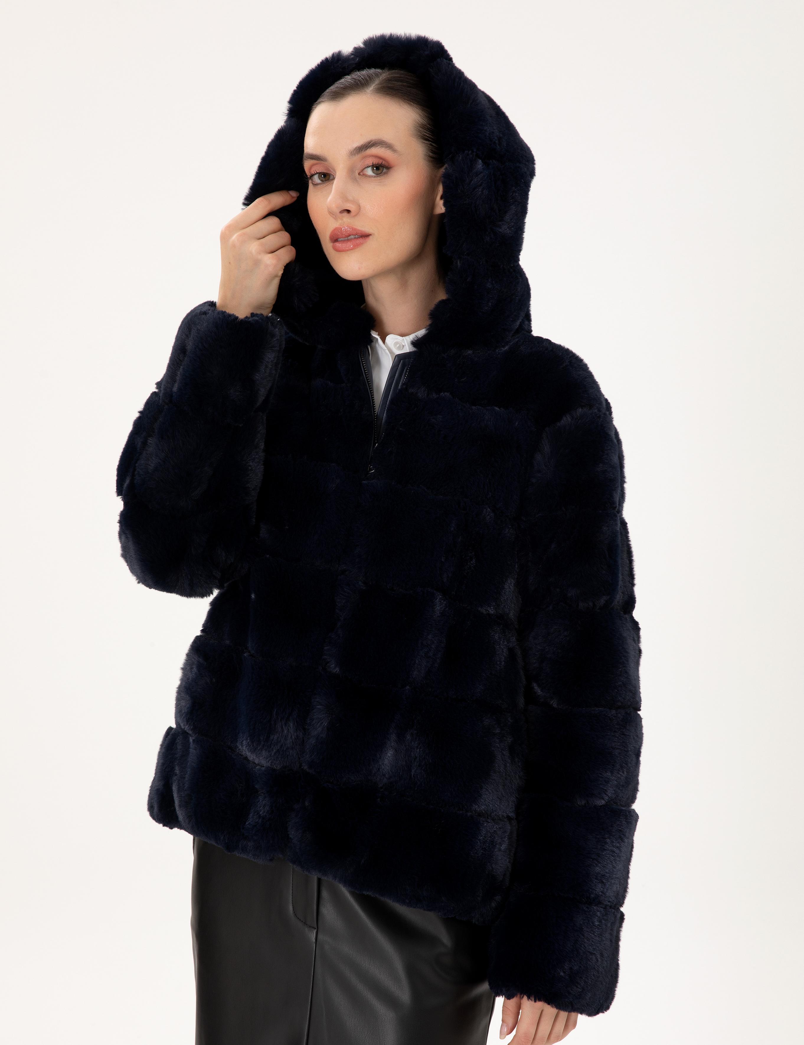 Lacivert Kapüşonlu Suni Kürk