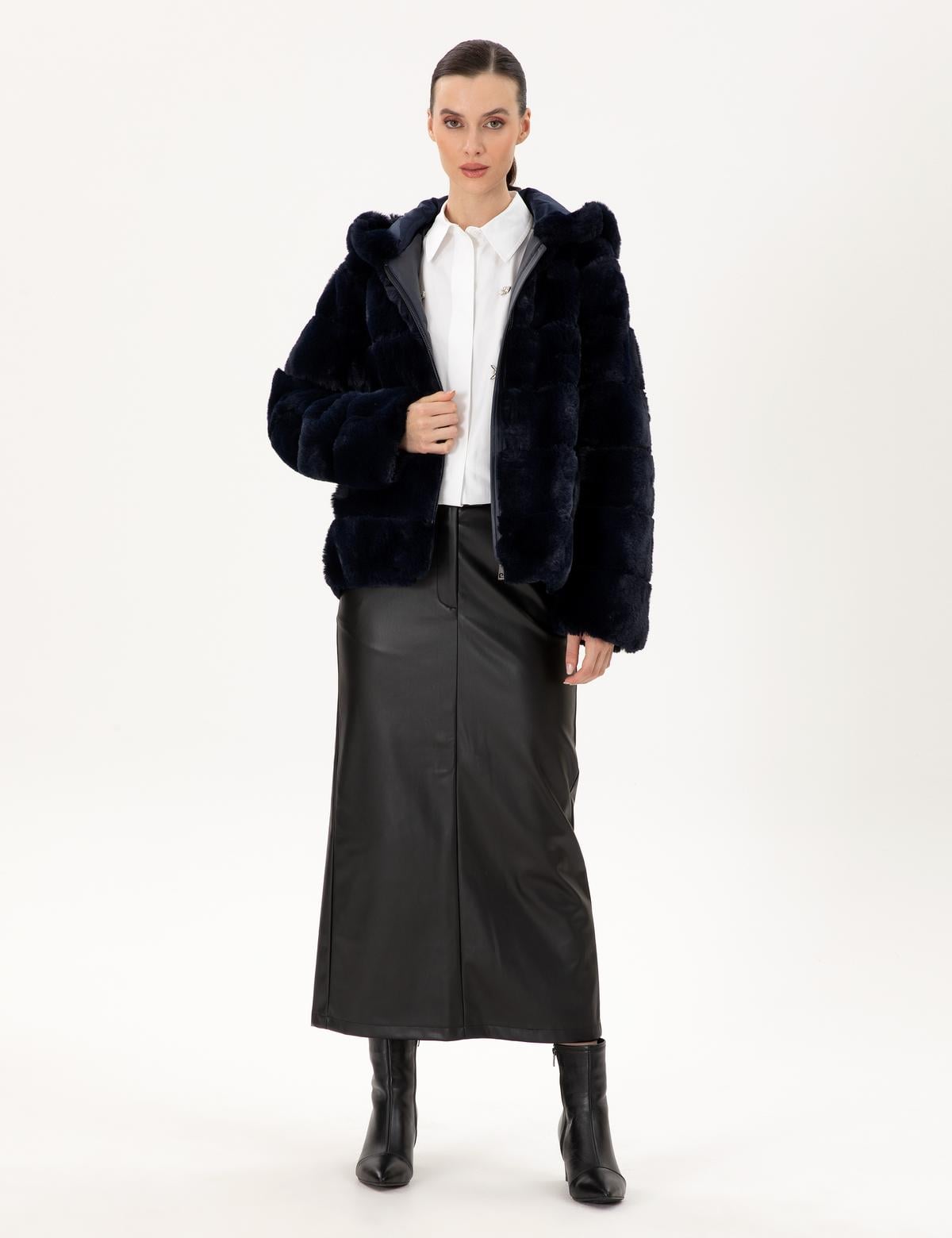 Lacivert Kapüşonlu Suni Kürk - 50290327033