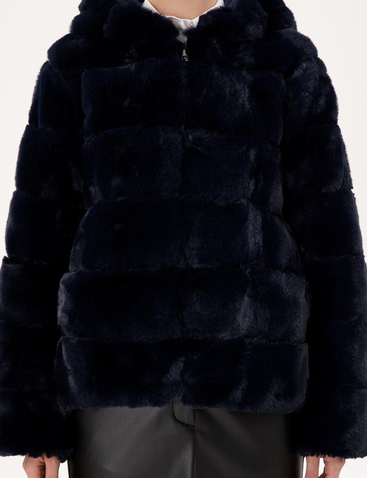 Lacivert Kapüşonlu Suni Kürk - 50290327033