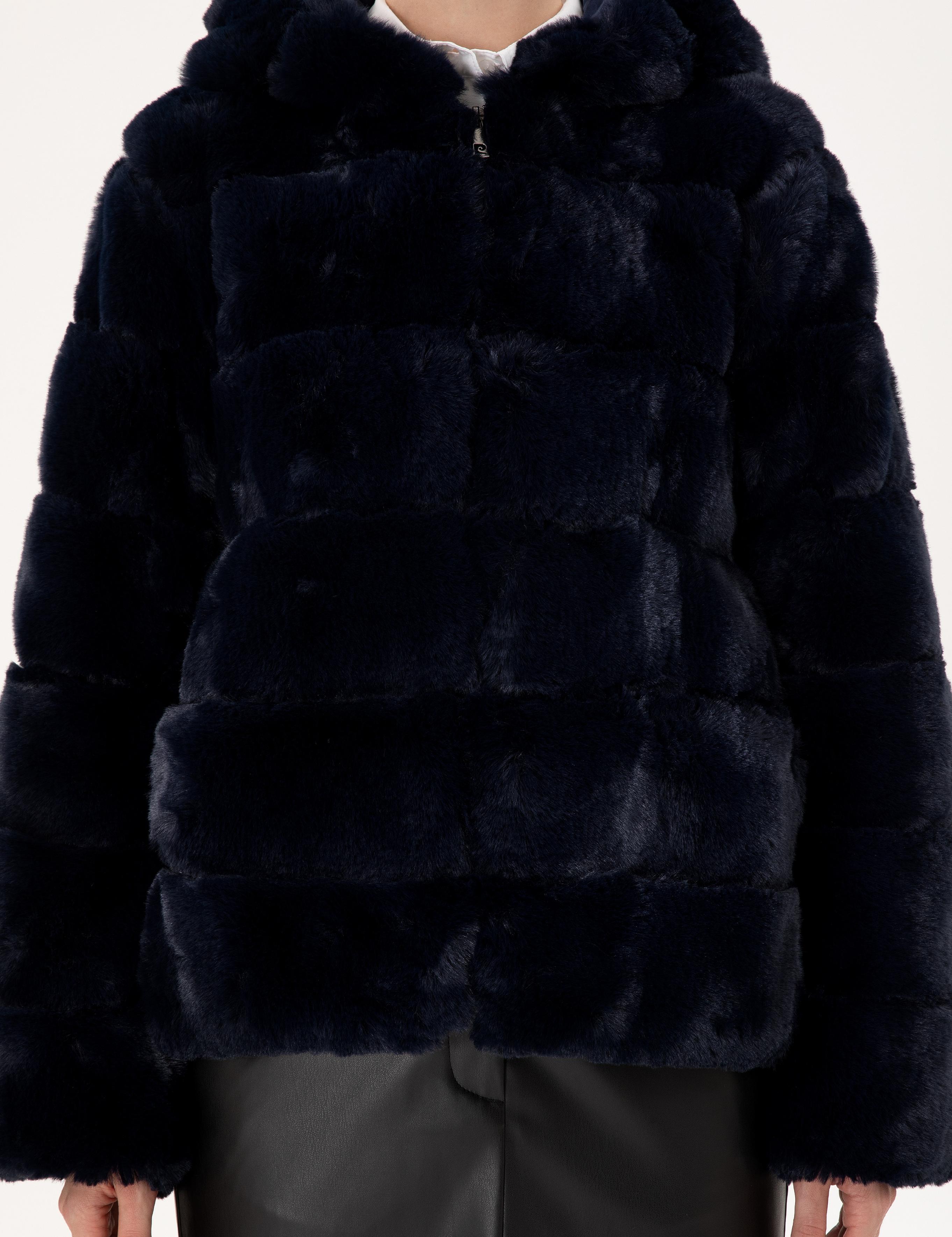 Lacivert Kapüşonlu Suni Kürk