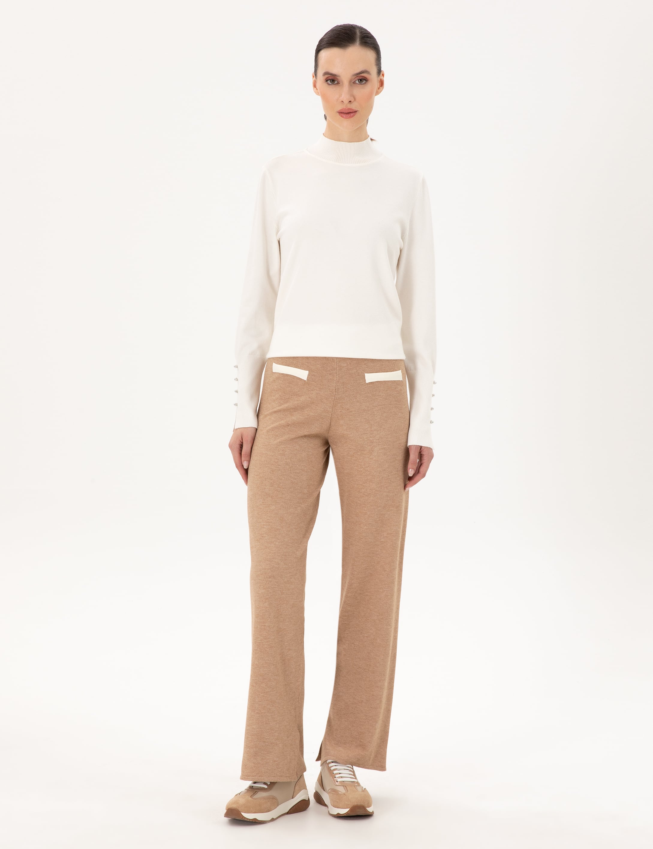 Bej Loose Fit Triko Pantolon