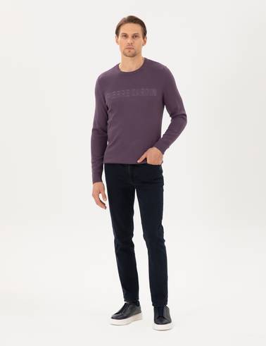 Mor Slim Fit Bisiklet Yaka Yün Karışımlı Triko Kazak