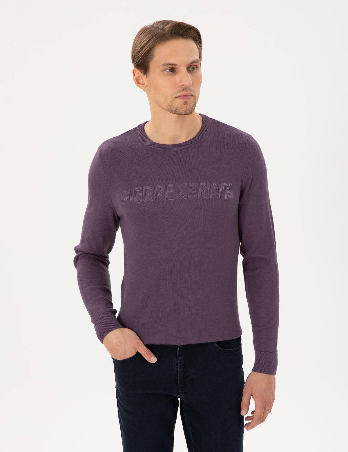 Mor Slim Fit Bisiklet Yaka Yün Karışımlı Triko Kazak